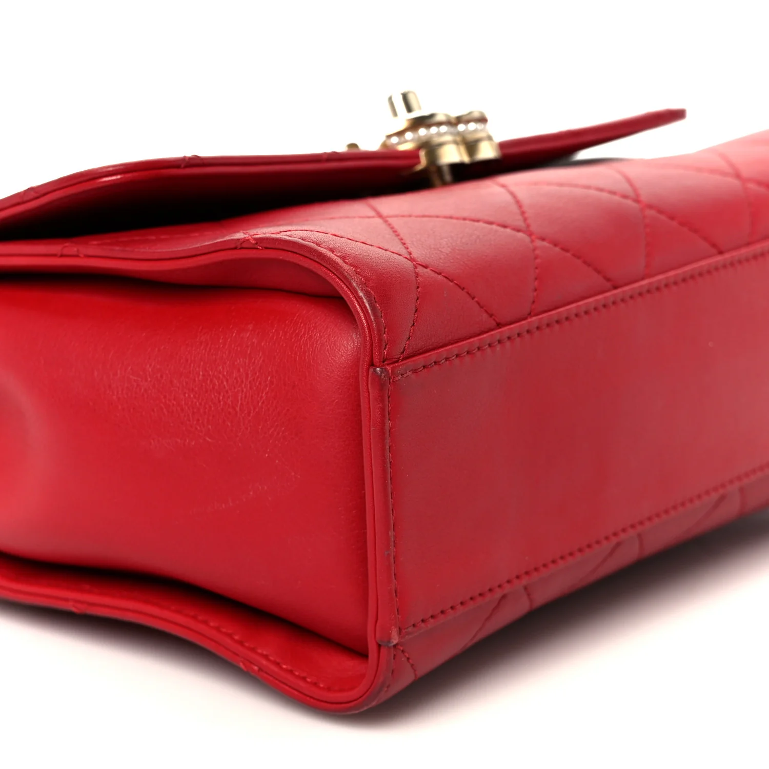 Lambskin Stitched Pearl Logo Top Handle Flap Red - Image 10