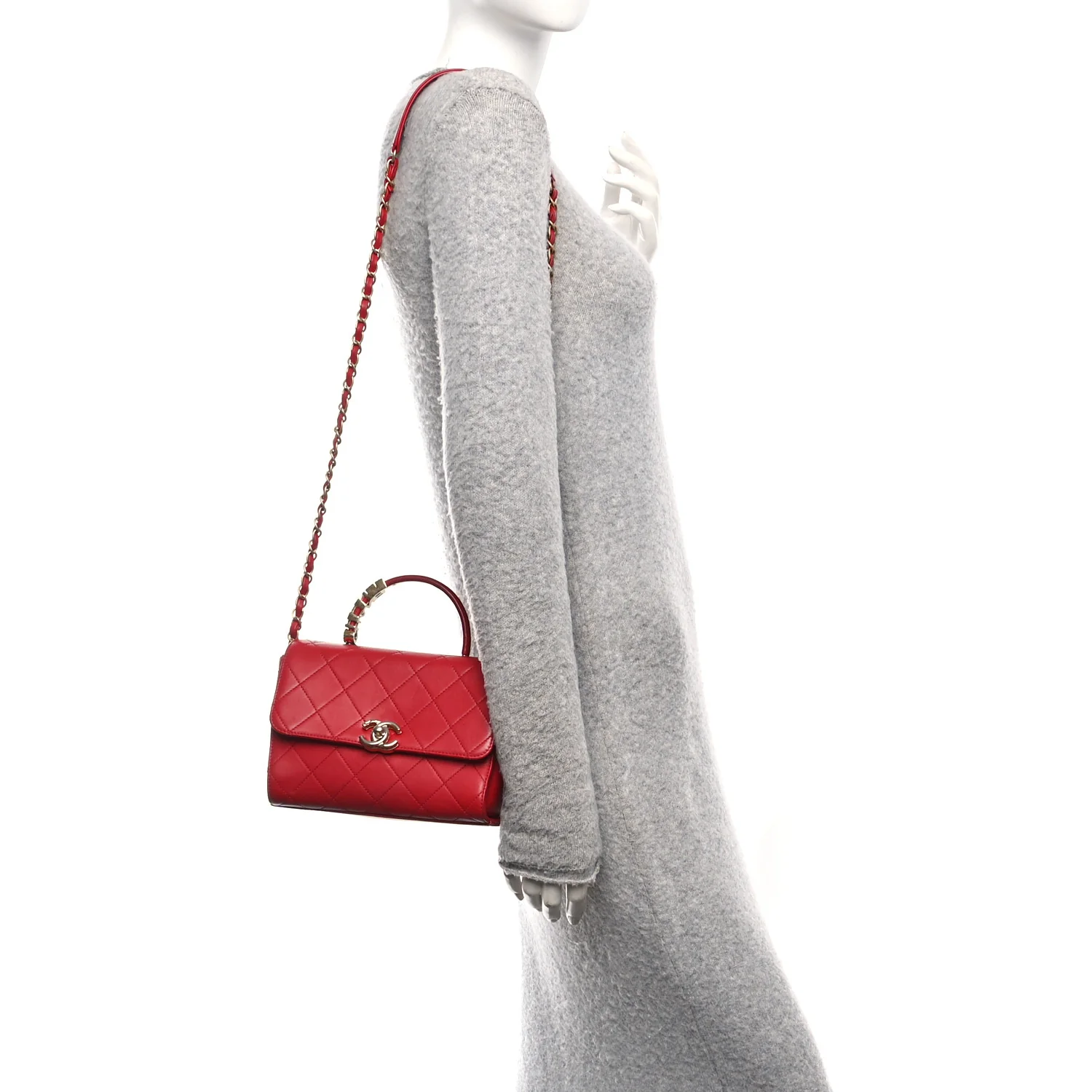 Lambskin Stitched Pearl Logo Top Handle Flap Red - Image 2