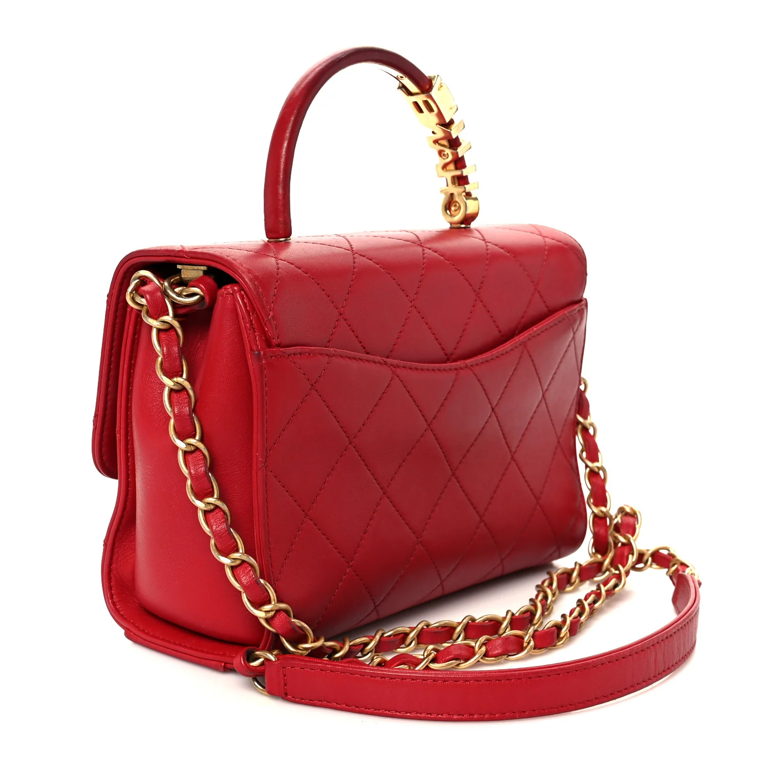 Lambskin Stitched Pearl Logo Top Handle Flap Red - Image 3