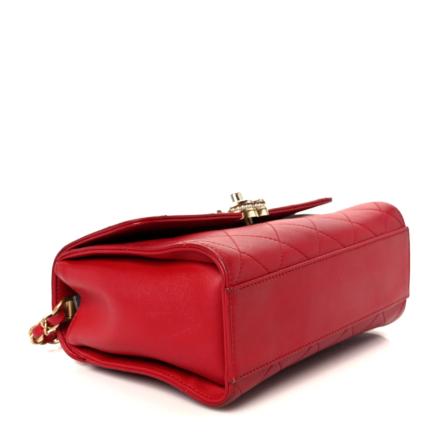 Lambskin Stitched Pearl Logo Top Handle Flap Red - Image 4