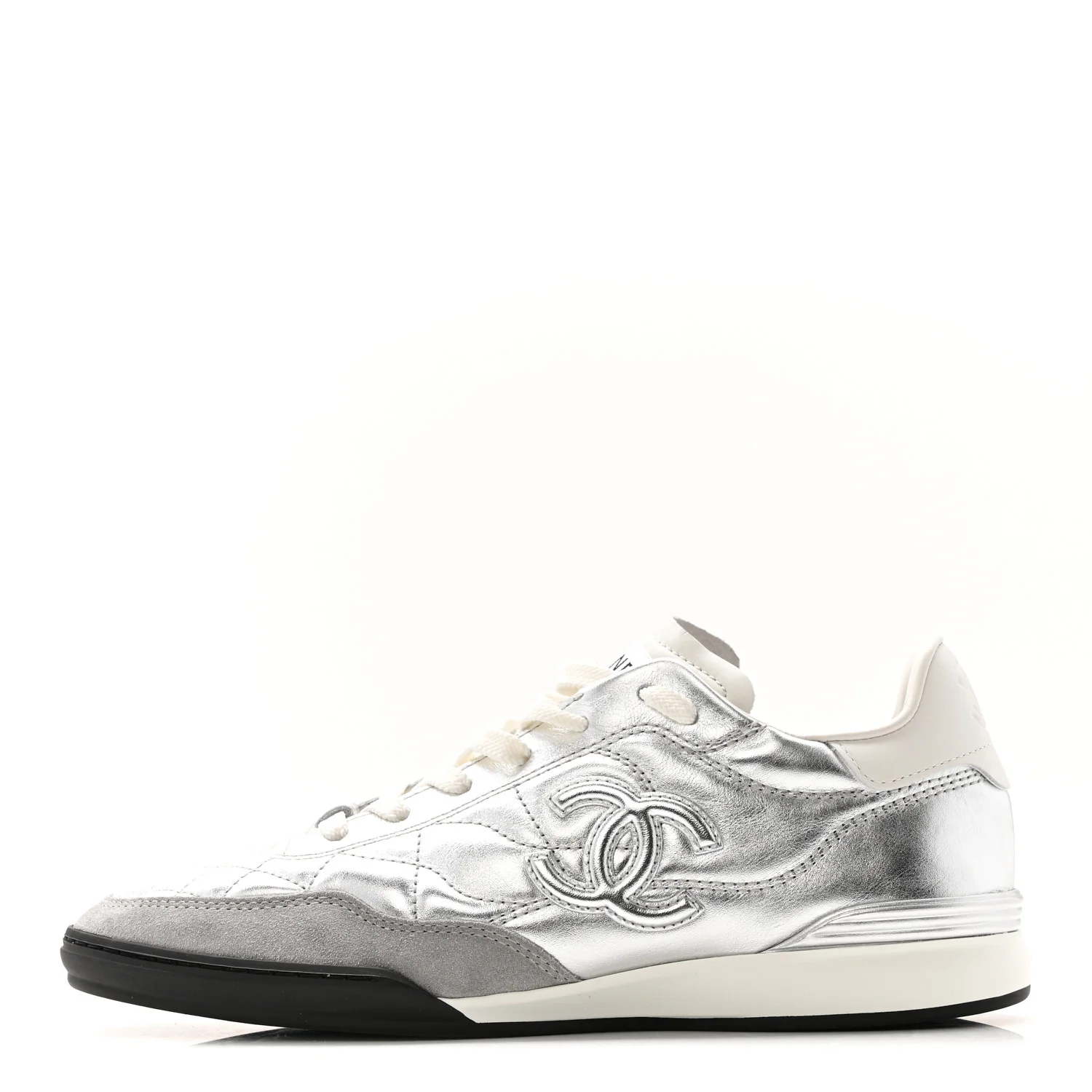 Laminated Calfskin Suede Quilted Womens CC Sneakers 38 Silver White Gray