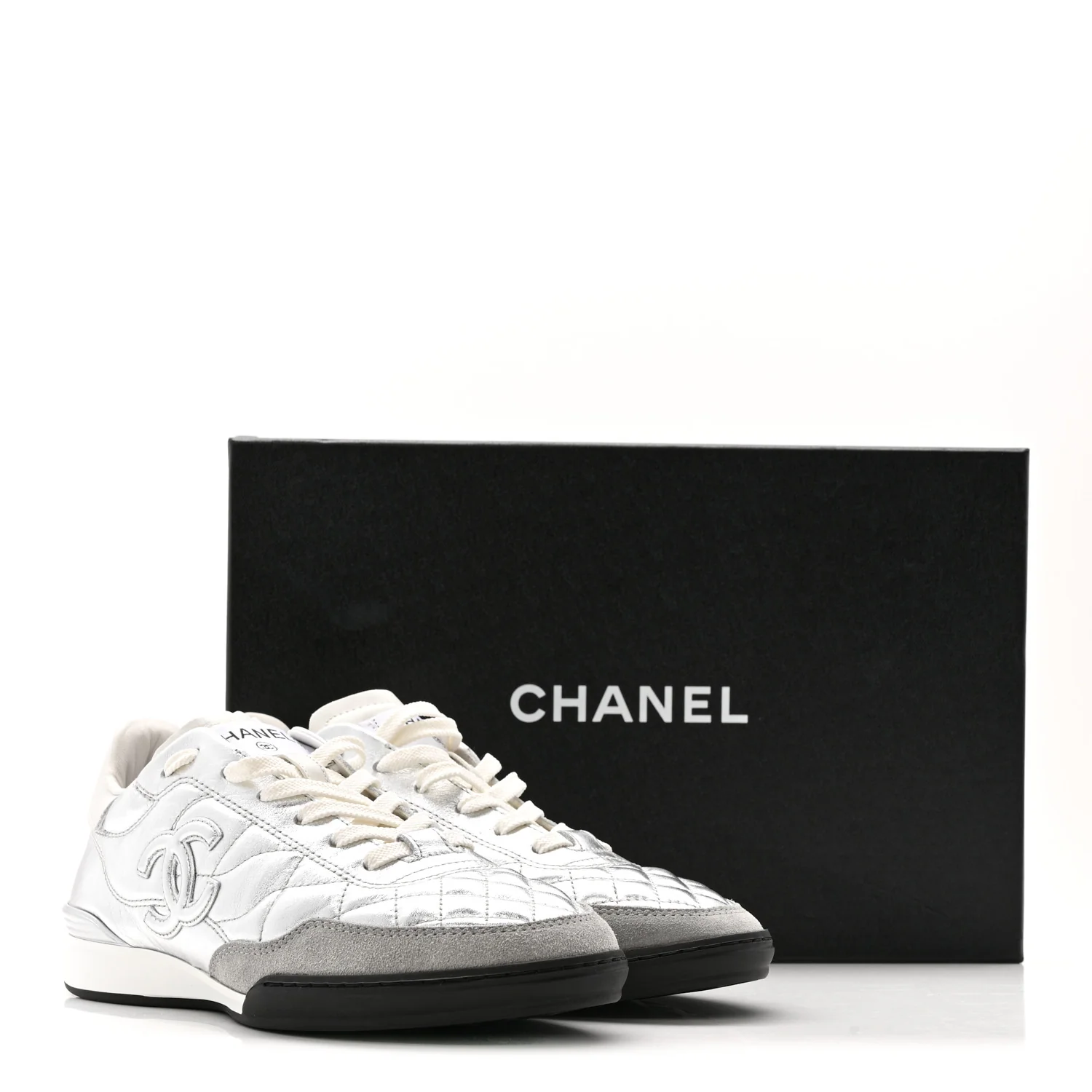 Laminated Calfskin Suede Quilted Womens CC Sneakers 38 Silver White Gray - Image 10