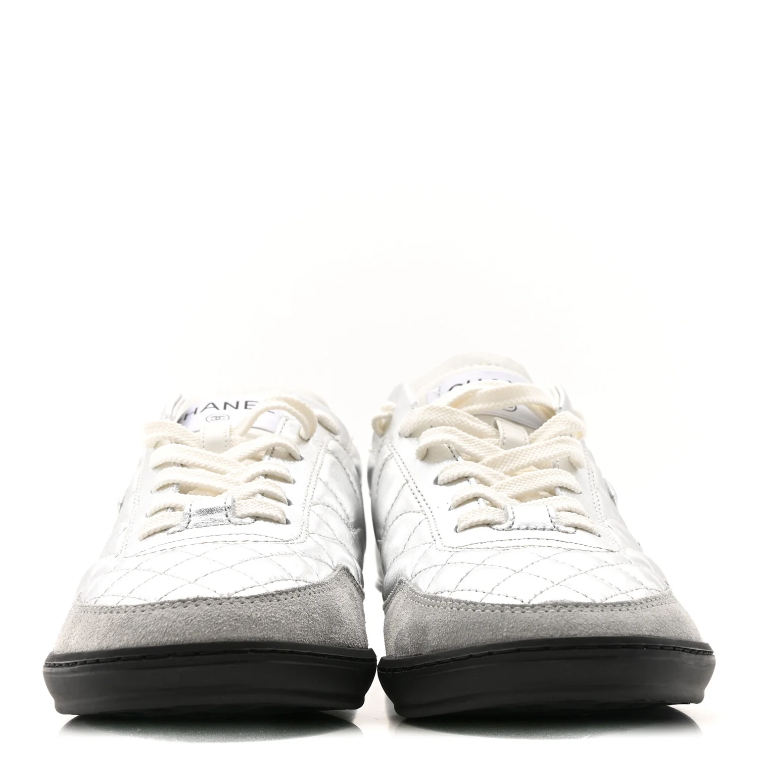 Laminated Calfskin Suede Quilted Womens CC Sneakers 38 Silver White Gray - Image 2