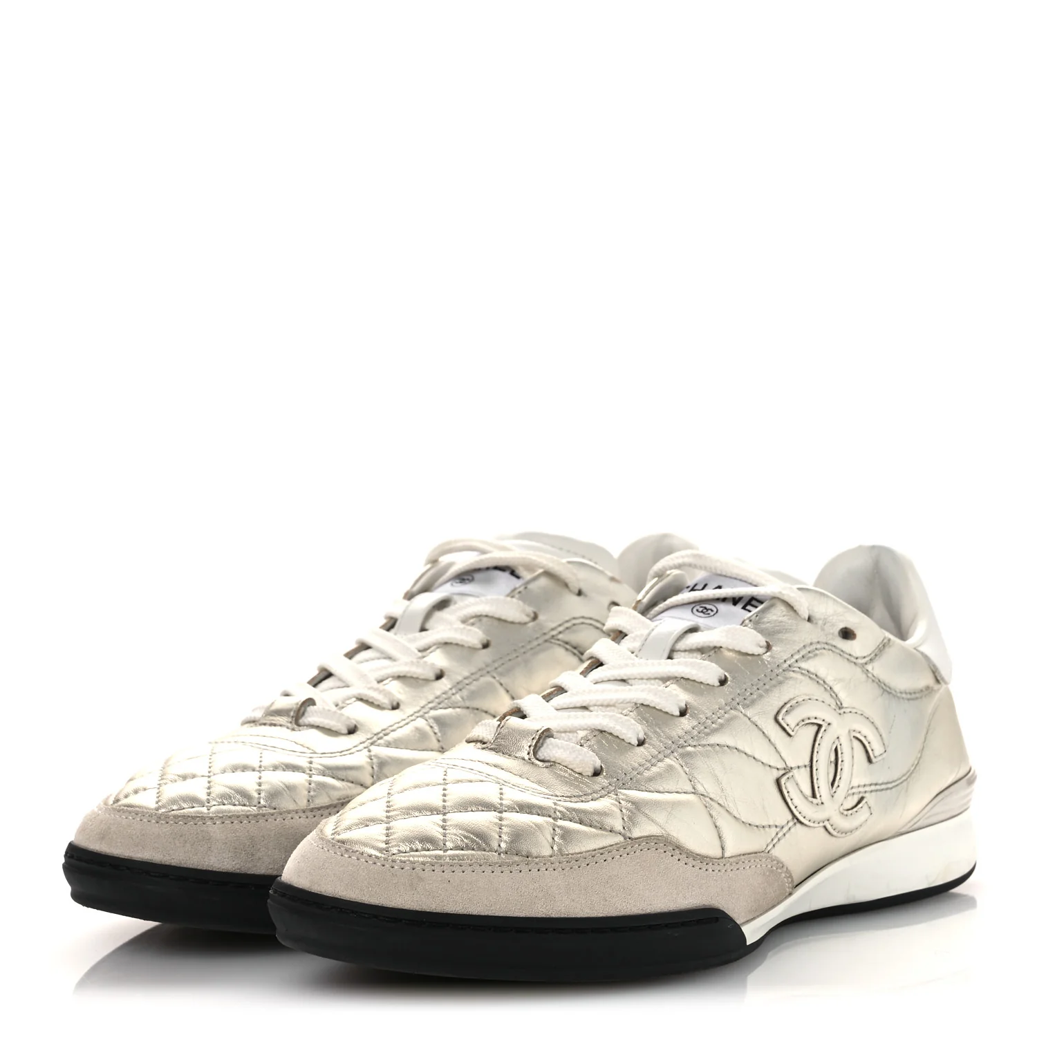 Laminated Calfskin Suede Quilted Womens CC Sneakers 39 Silver White - Image 4