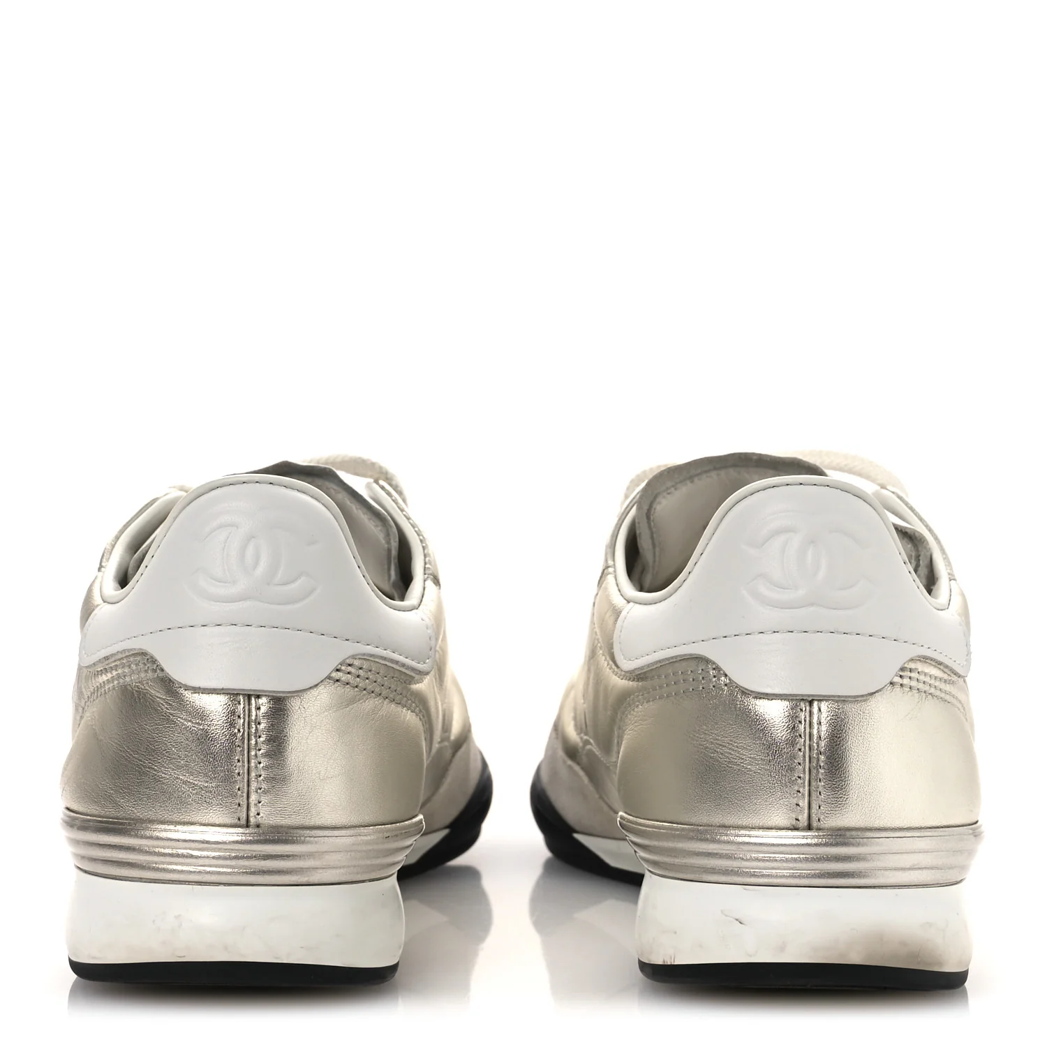 Laminated Calfskin Suede Quilted Womens CC Sneakers 39 Silver White - Image 6
