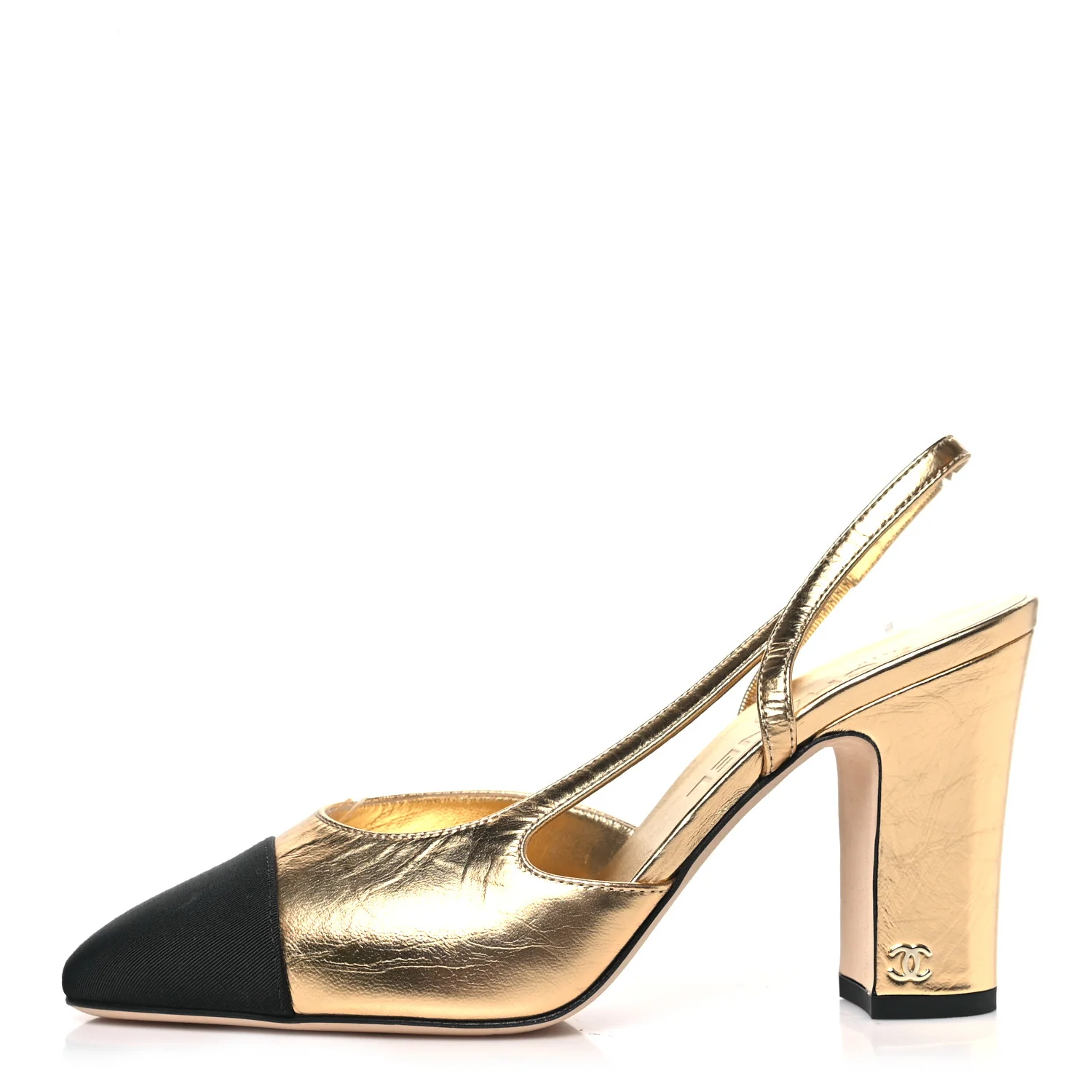 Laminated Crumpled Lambskin Grosgrain Cap Toe CC Slingback Pumps 38 Gold Black