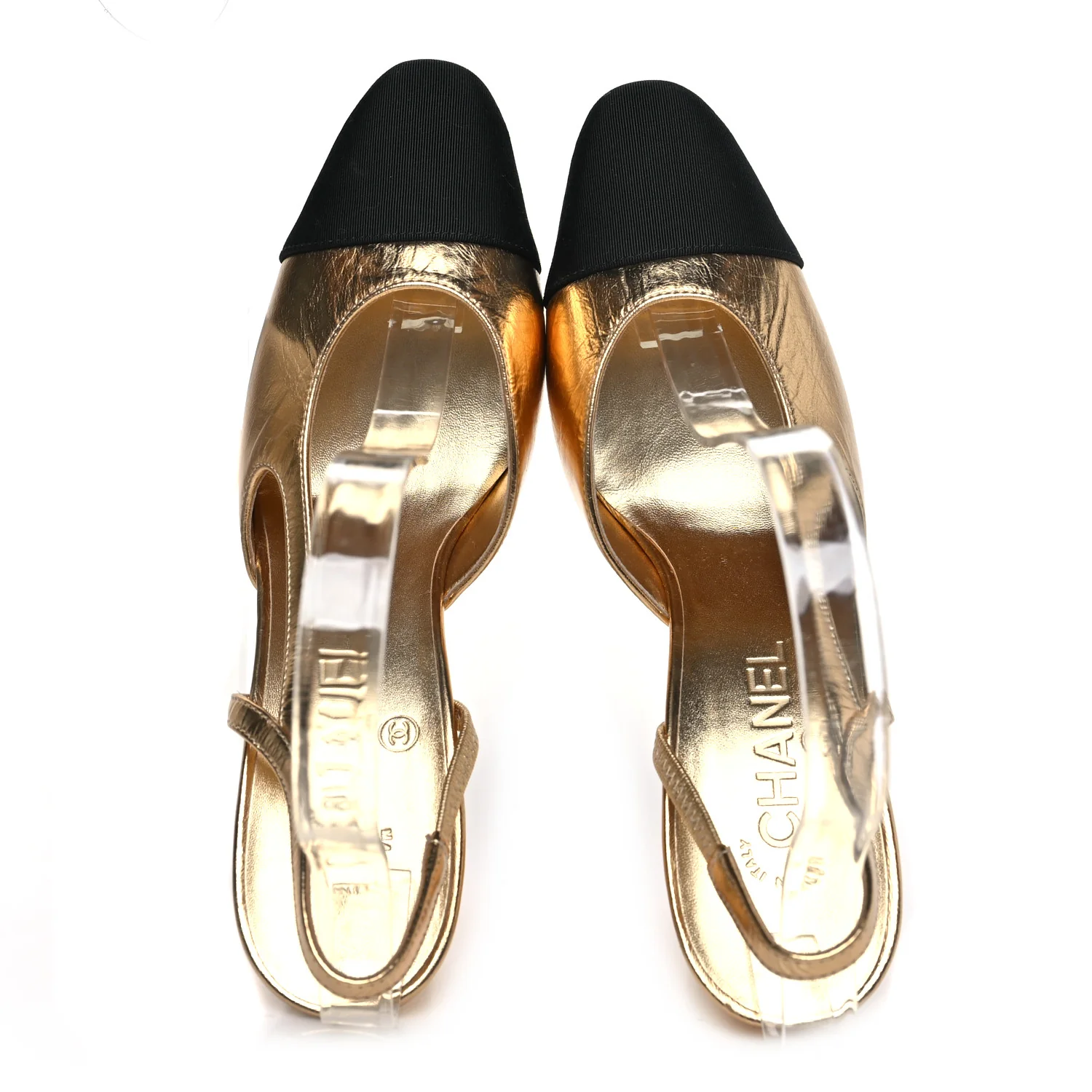 Laminated Crumpled Lambskin Grosgrain Cap Toe CC Slingback Pumps 38 Gold Black - Image 2