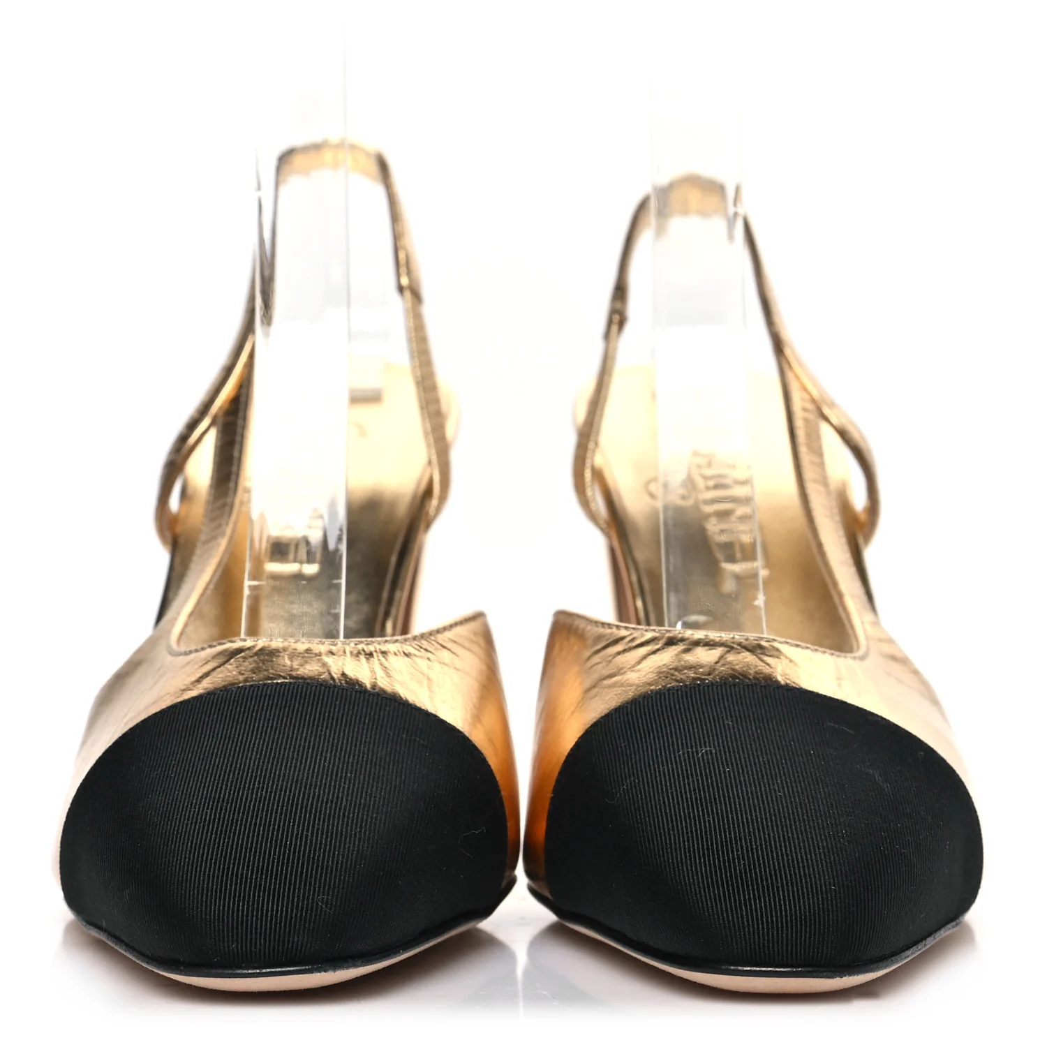 Laminated Crumpled Lambskin Grosgrain Cap Toe CC Slingback Pumps 38 Gold Black - Image 3