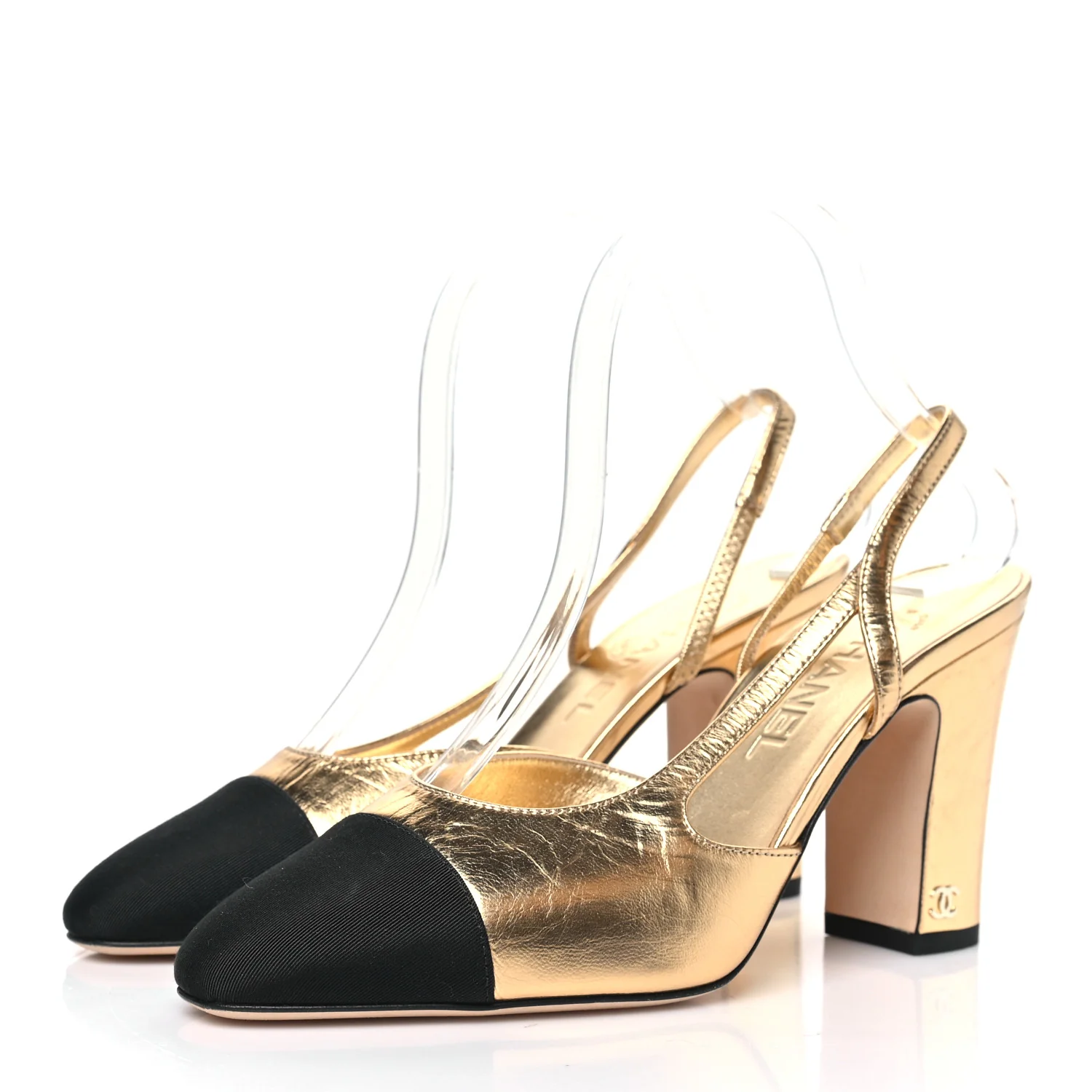 Laminated Crumpled Lambskin Grosgrain Cap Toe CC Slingback Pumps 38 Gold Black - Image 4