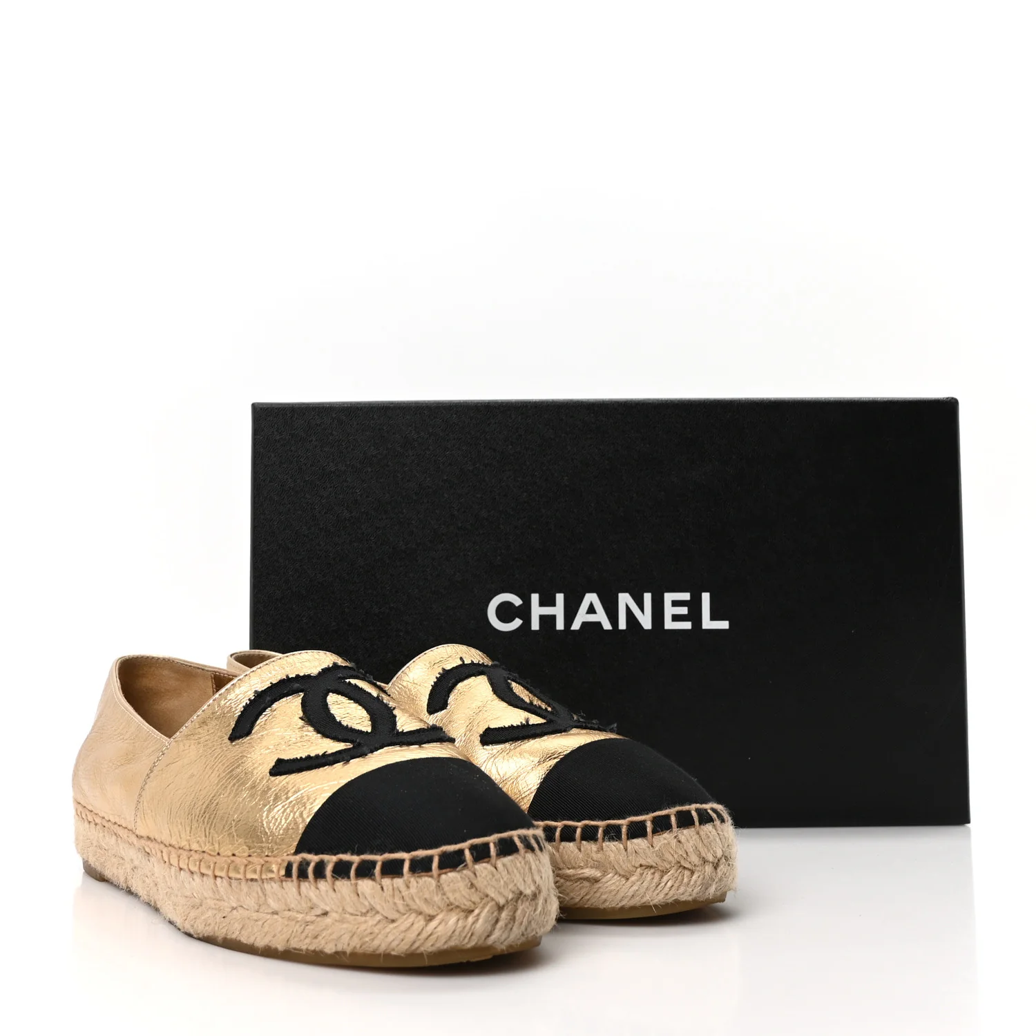 Laminated Lambskin Grosgrain CC Espadrilles 35 Gold Black - Image 10
