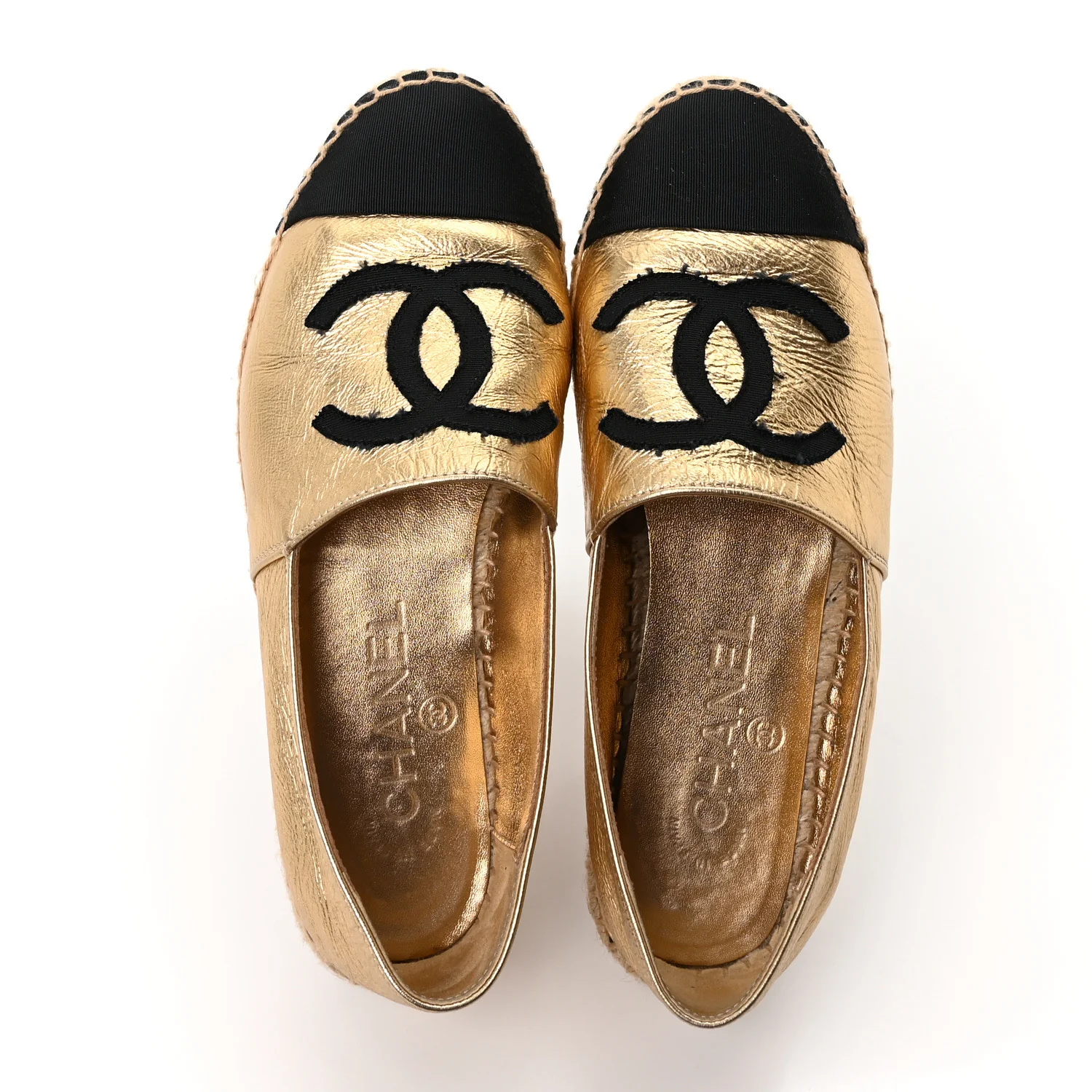 Laminated Lambskin Grosgrain CC Espadrilles 35 Gold Black - Image 2