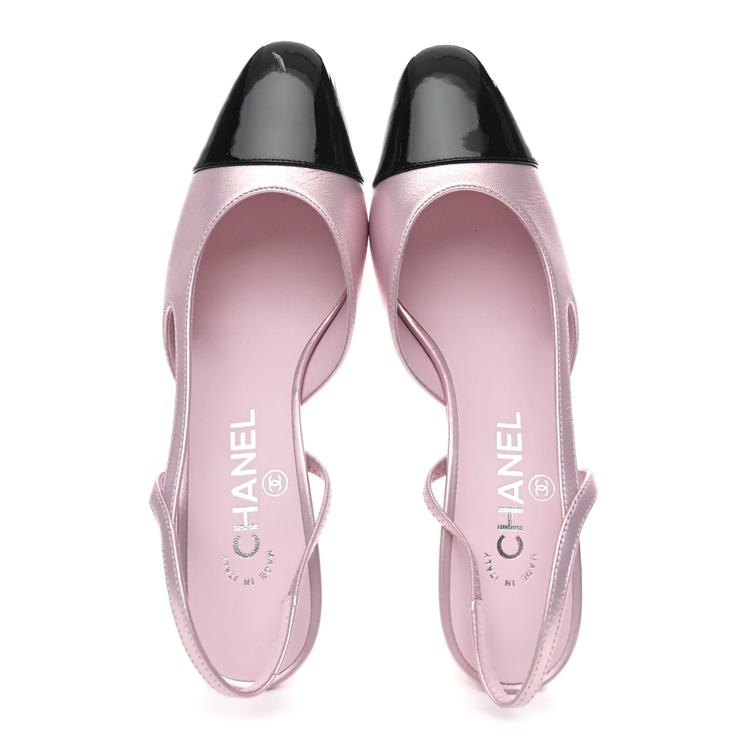 Laminated Lambskin Patent Cap Toe CC Slingback Pumps 37 Light Pink Black - Image 2