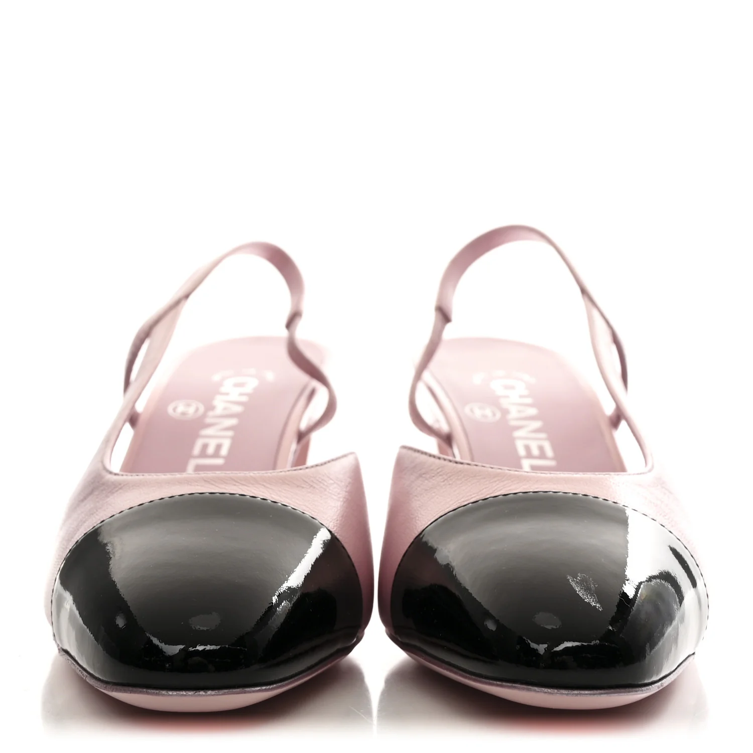 Laminated Lambskin Patent Cap Toe CC Slingback Pumps 37 Light Pink Black - Image 3