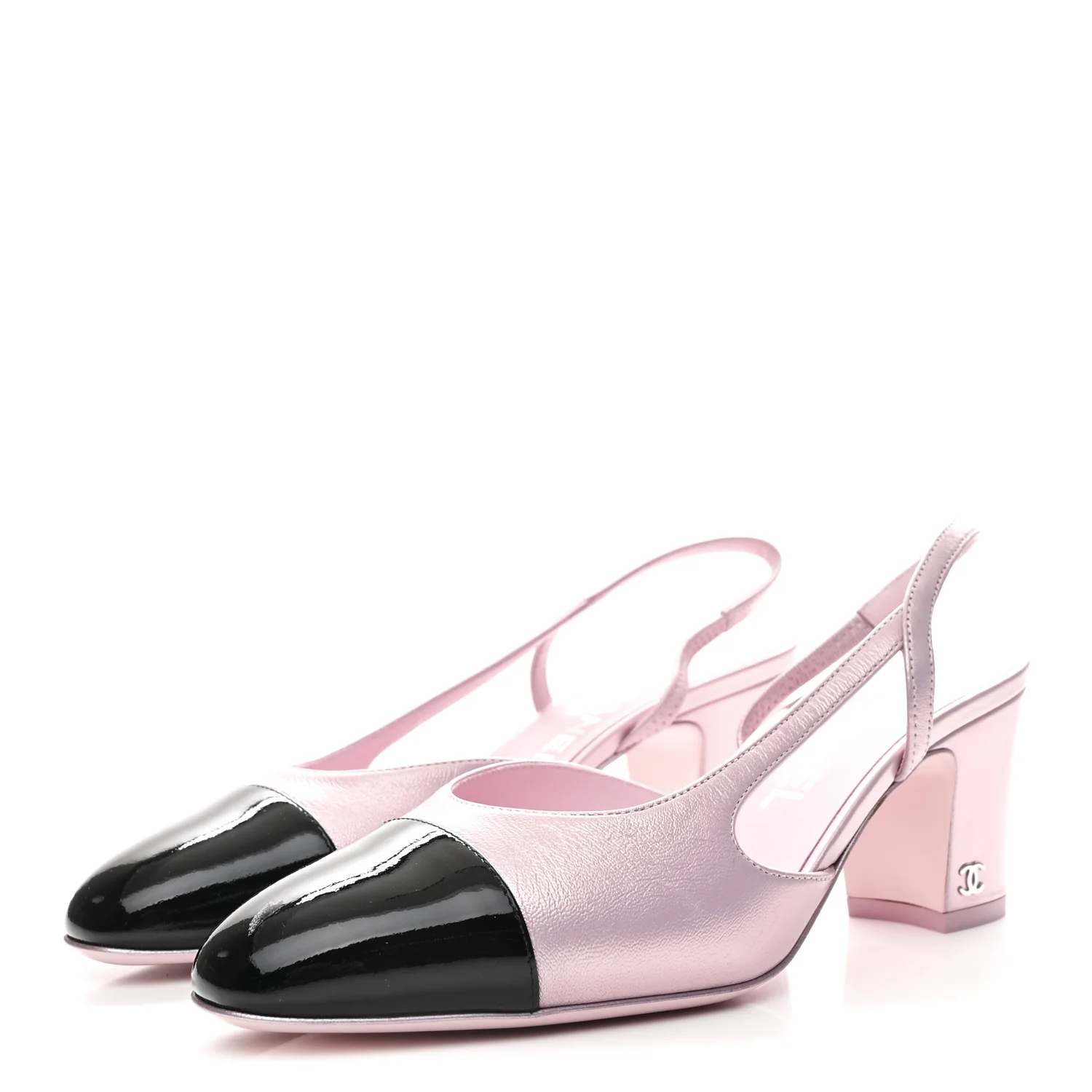 Laminated Lambskin Patent Cap Toe CC Slingback Pumps 37 Light Pink Black - Image 4