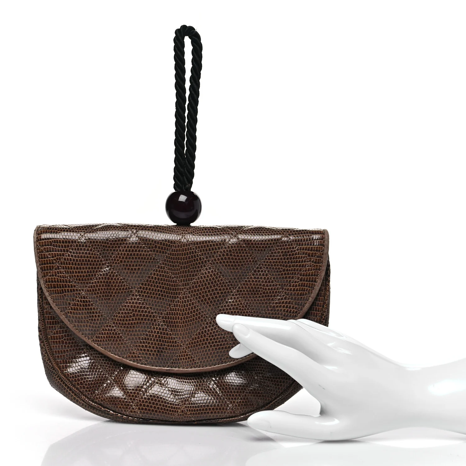 Lizard Quilted Rope Half Moon Clutch Dark Brown - Image 2