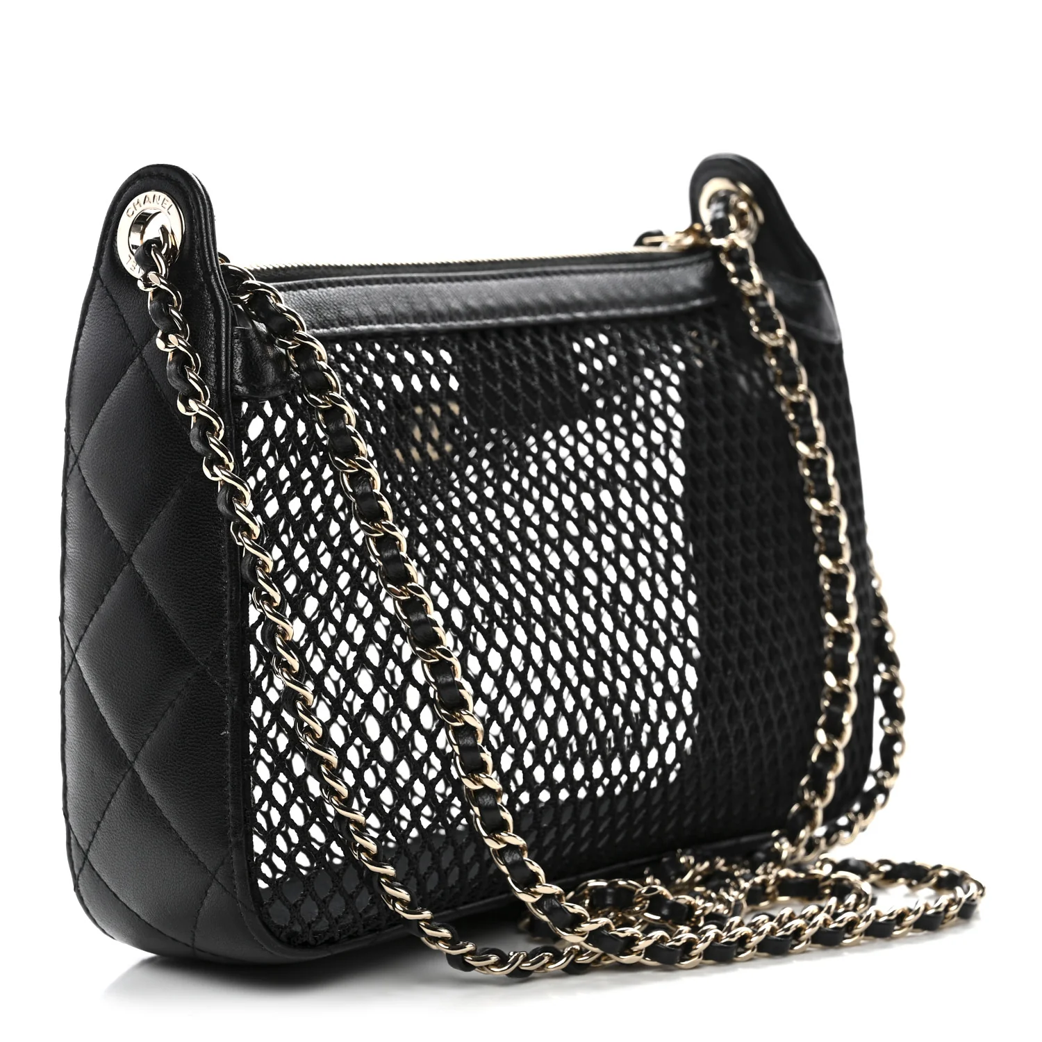 Mesh Shiny Lambskin Clutch With Chain Black - Image 4