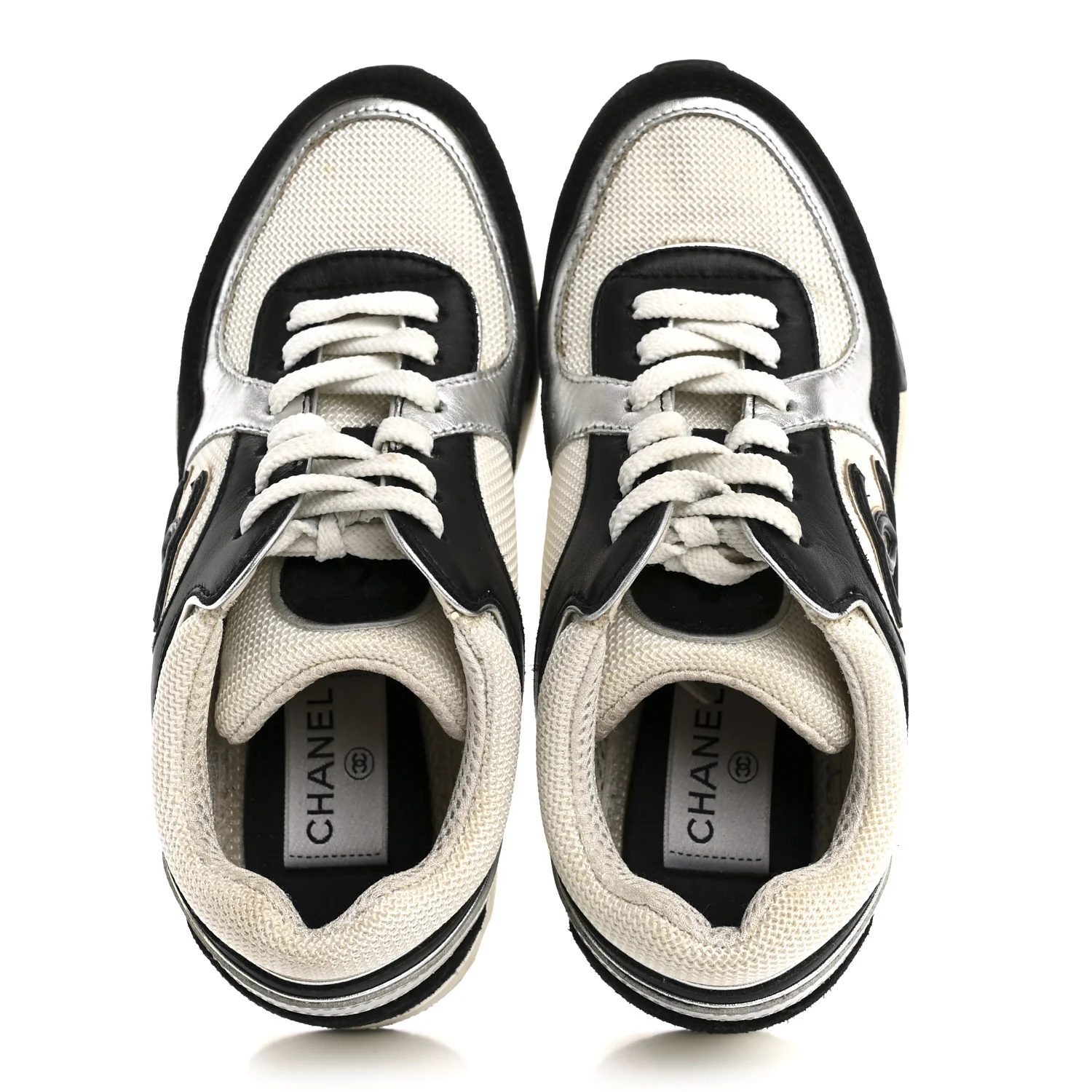 Mesh Suede Calfskin Grained Calfskin Womens CC Sneakers 35 Black White Silver - Image 3