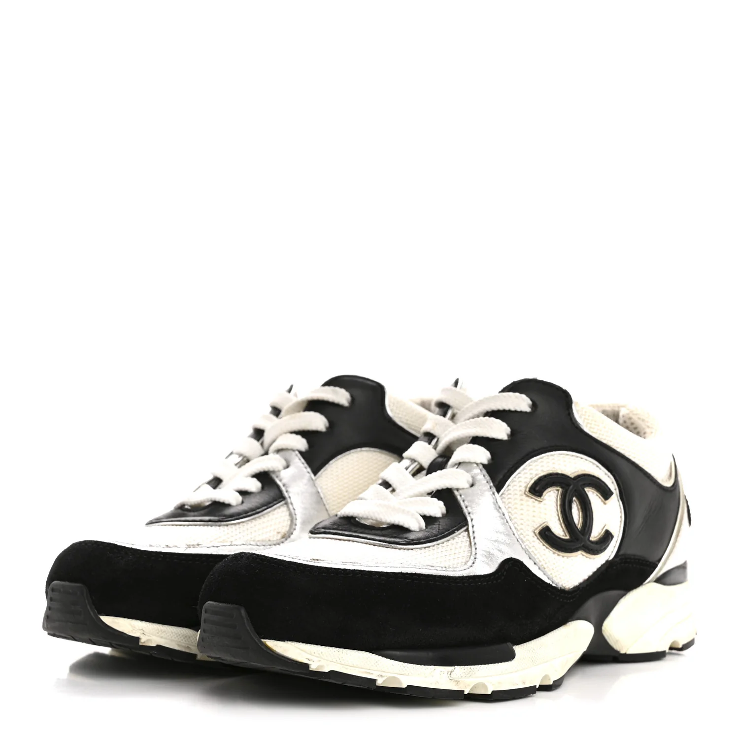 Mesh Suede Calfskin Grained Calfskin Womens CC Sneakers 35 Black White Silver - Image 4