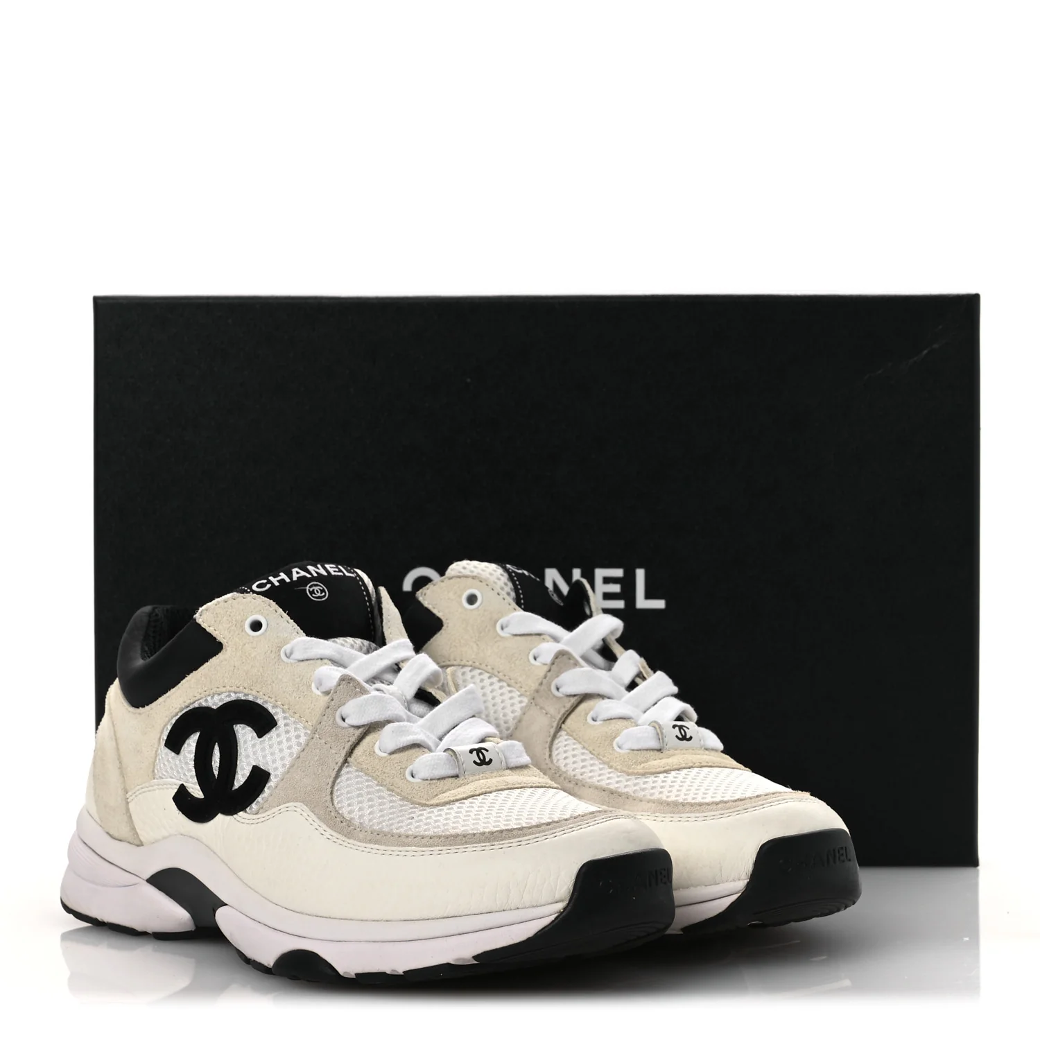Mesh Suede Calfskin Grained Calfskin Womens CC Sneakers 38 White Black - Image 11