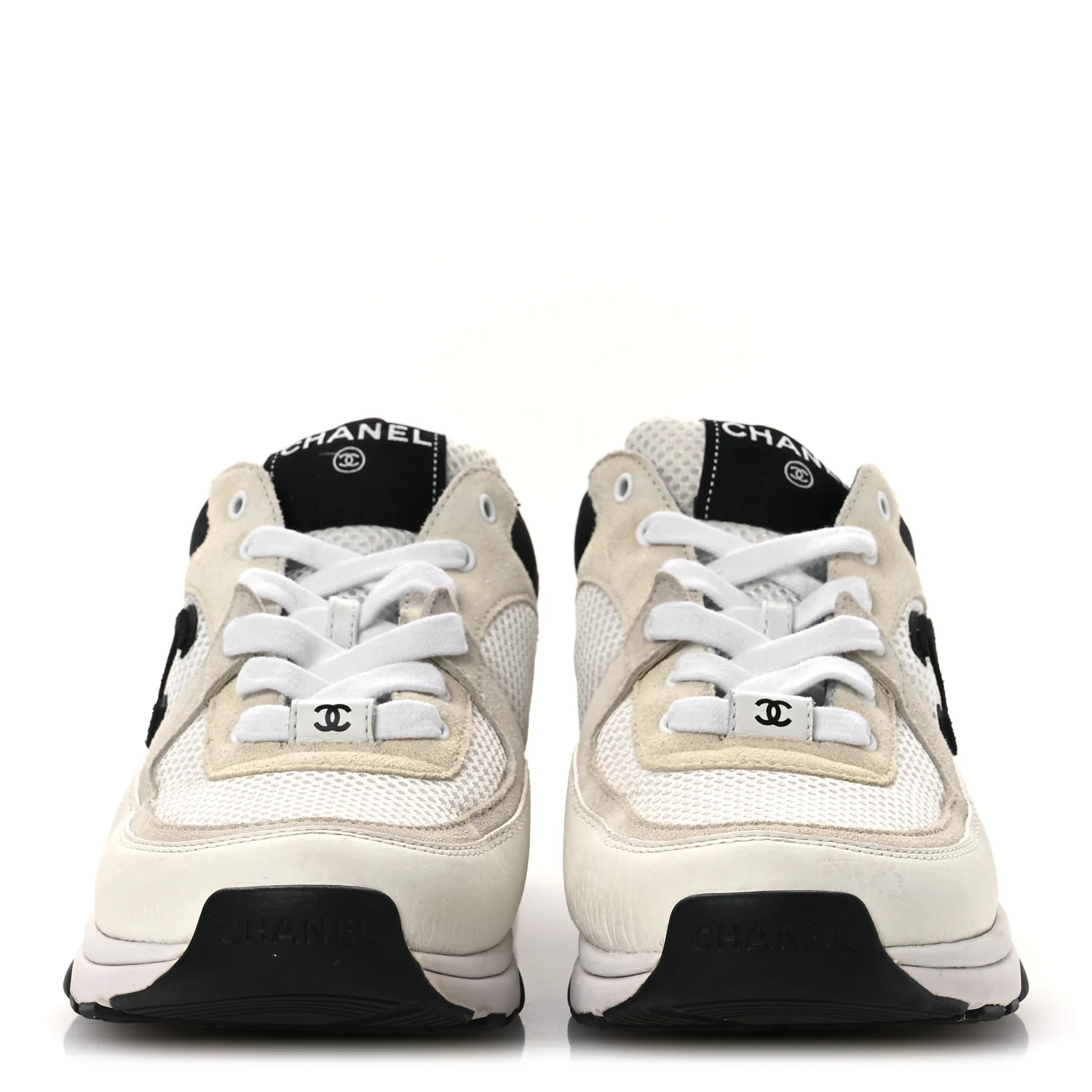 Mesh Suede Calfskin Grained Calfskin Womens CC Sneakers 38 White Black - Image 4