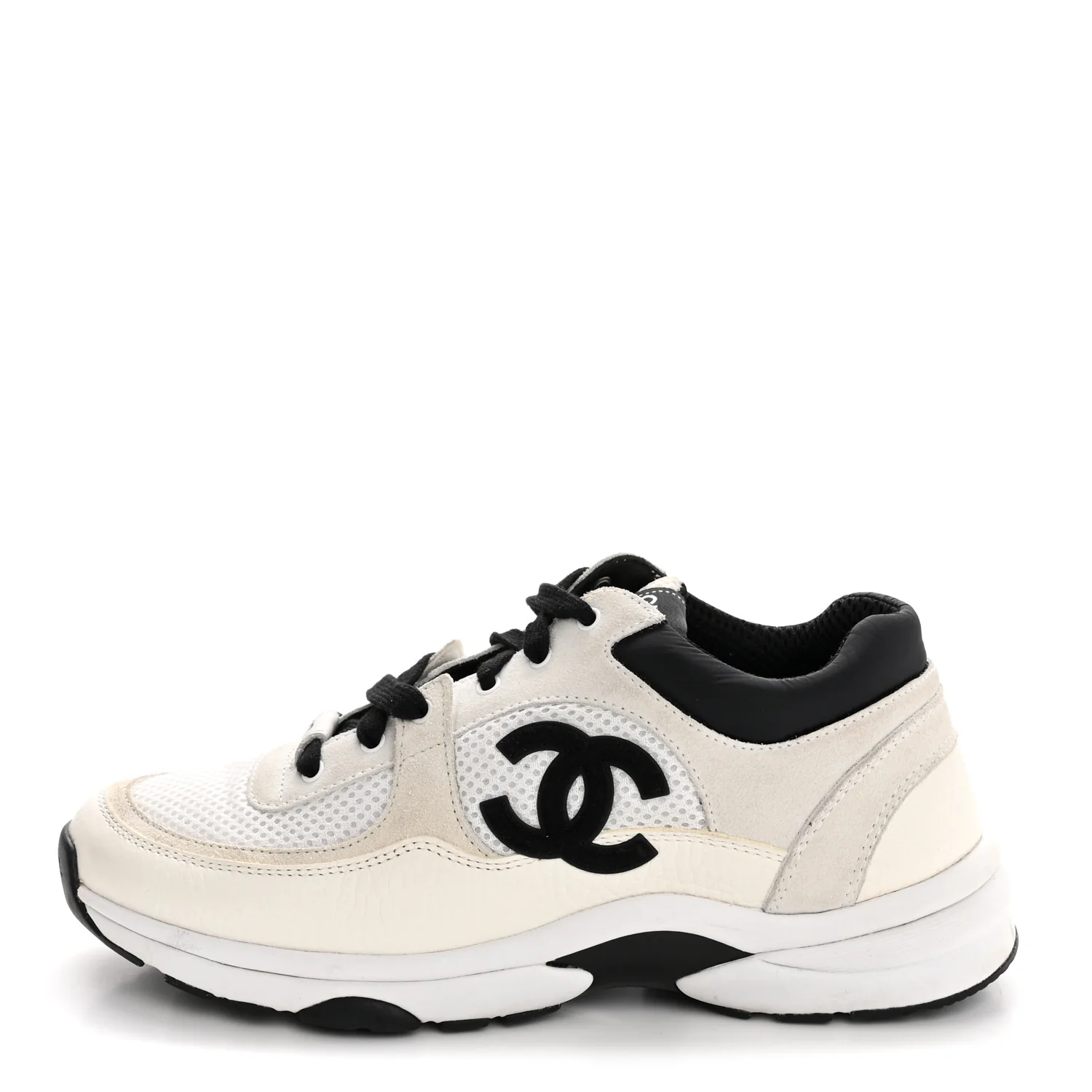 Mesh Suede Calfskin Grained Calfskin Womens CC Sneakers 38.5 White Black