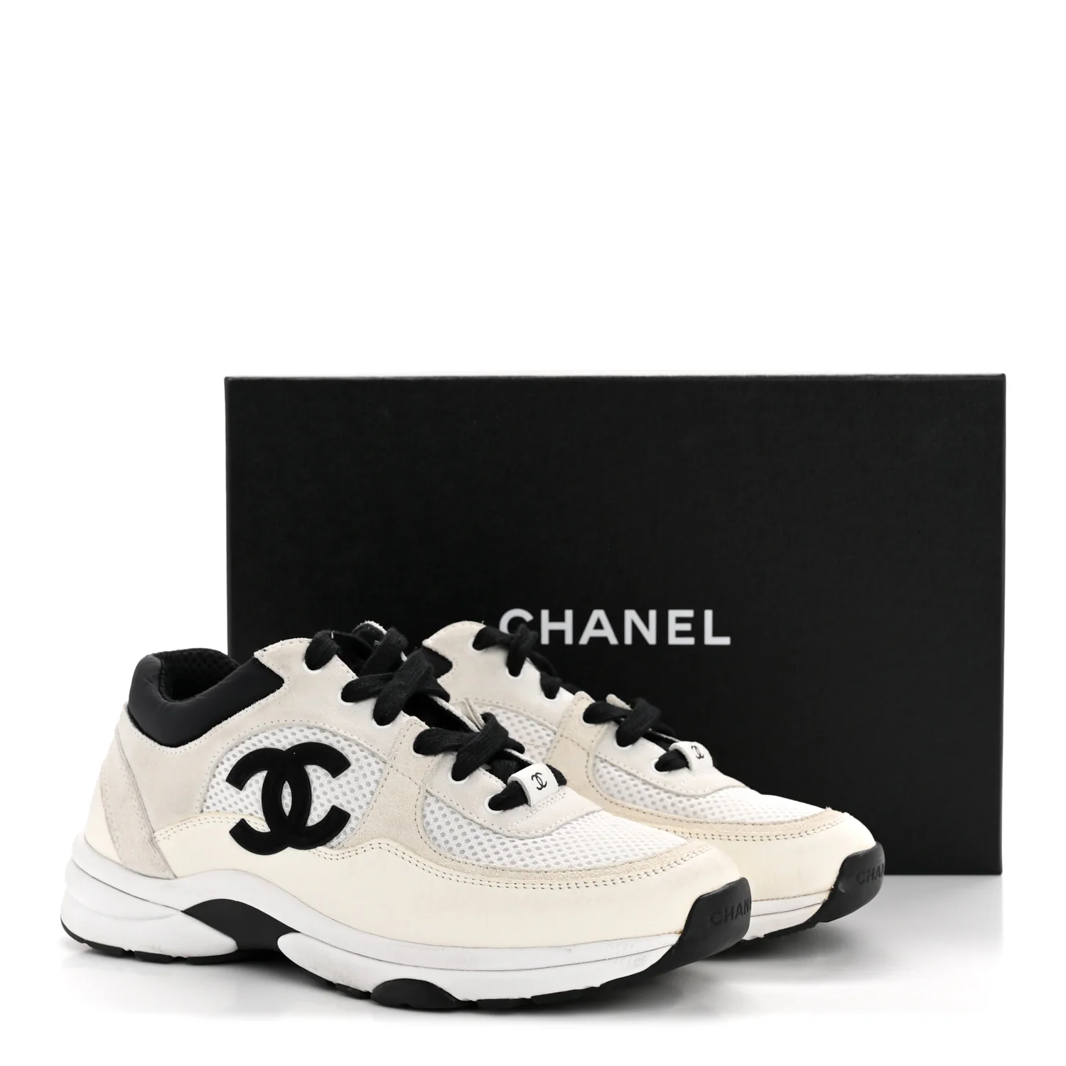 Mesh Suede Calfskin Grained Calfskin Womens CC Sneakers 38.5 White Black - Image 10