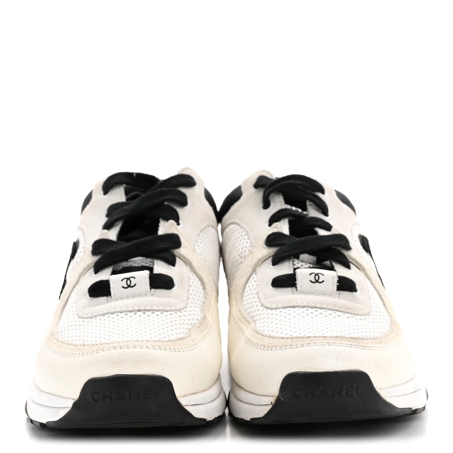 Mesh Suede Calfskin Grained Calfskin Womens CC Sneakers 38.5 White Black - Image 3