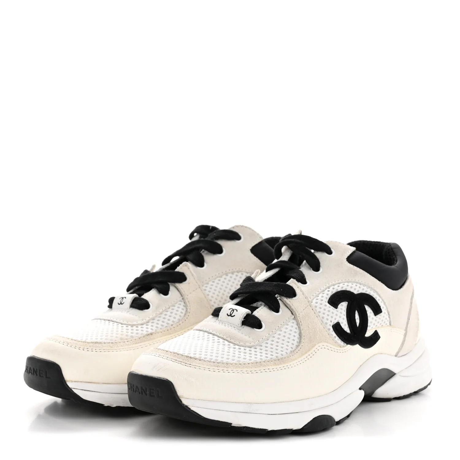 Mesh Suede Calfskin Grained Calfskin Womens CC Sneakers 38.5 White Black - Image 4