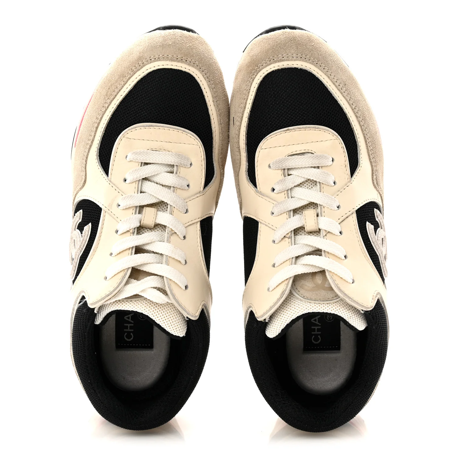 Mesh Suede Calfskin Grained Calfskin Womens CC Sneakers 38.5 White Black Pink - Image 5