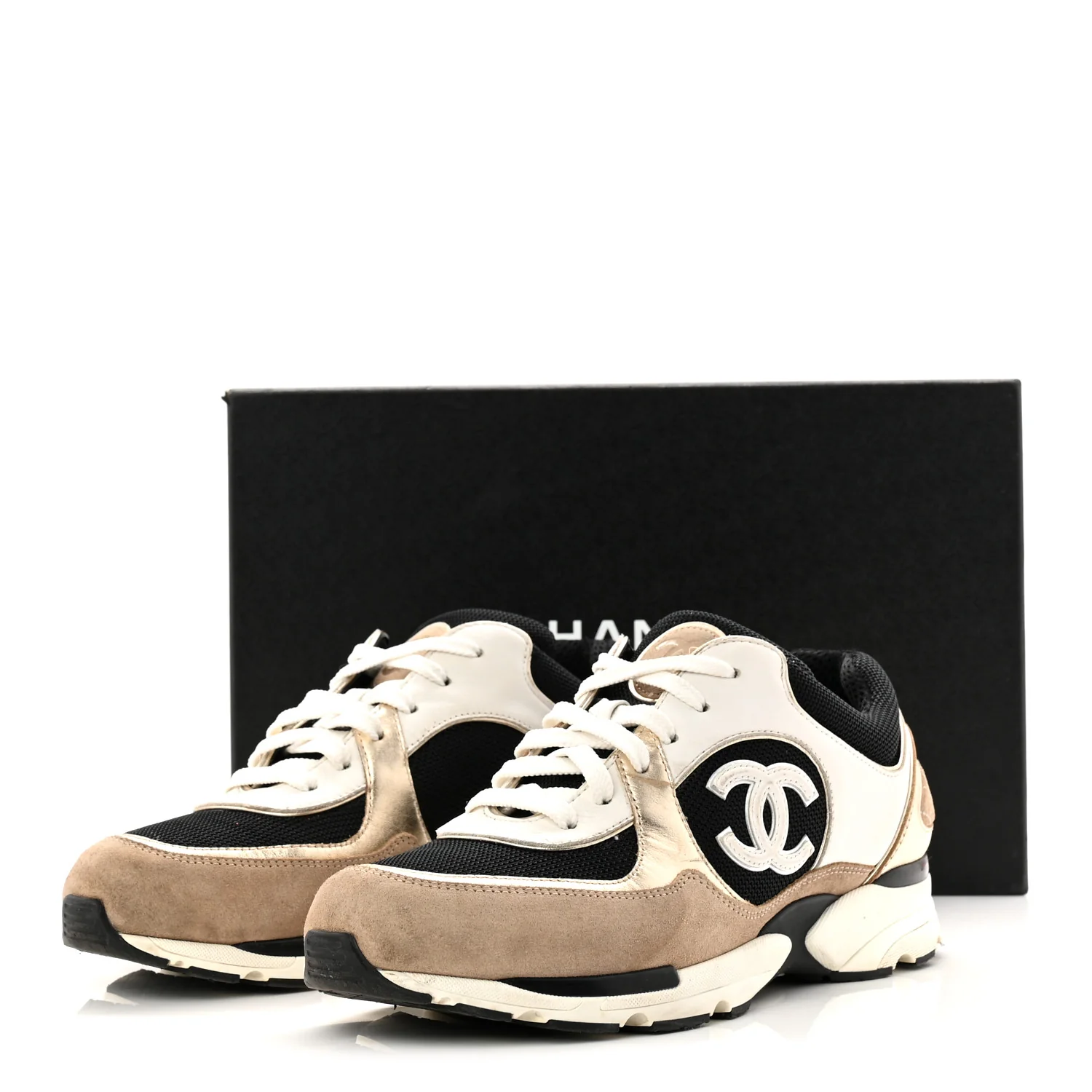 Mesh Suede Calfskin Grained Calfskin Womens CC Sneakers 41 White Black Beige Gold - Image 11