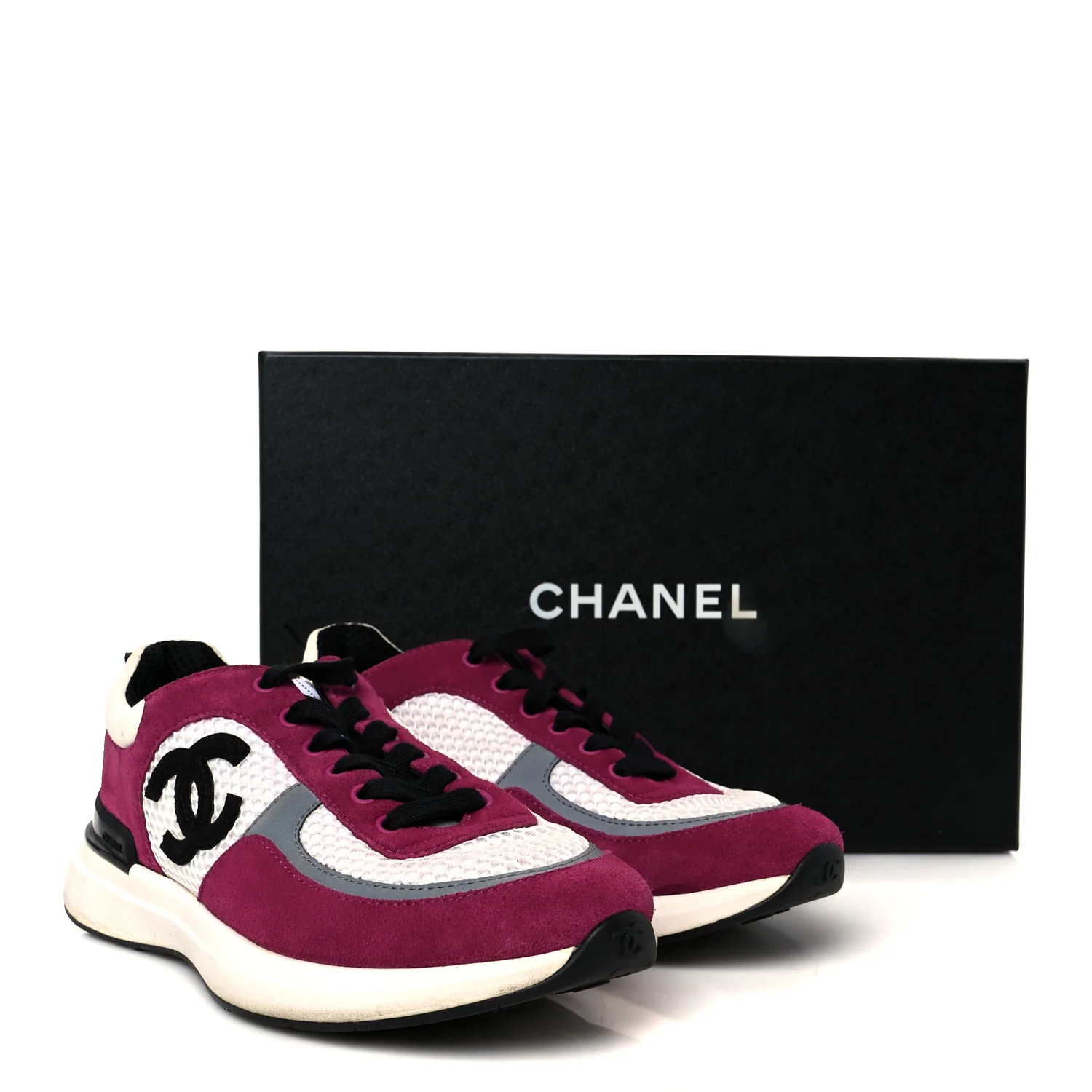 Mesh Suede Calfskin Womens CC Sneakers 38 White Dark Pink Grey - Image 9