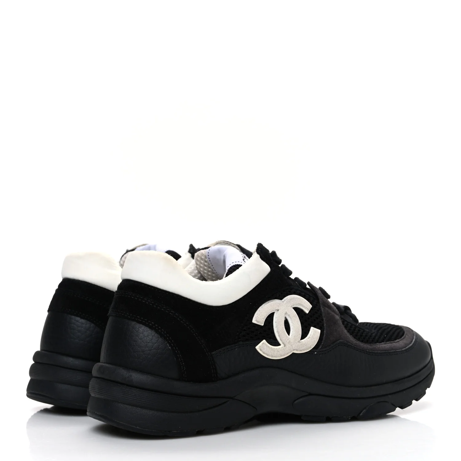 Mesh Suede Grained Calfskin Womens CC Sneakers 37.5 Black White - Image 5