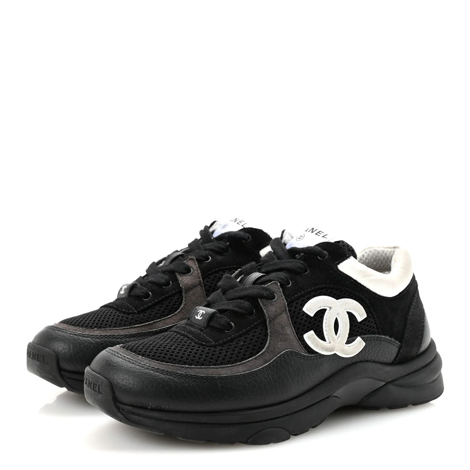 Mesh Suede Grained Calfskin Womens CC Sneakers 38 Black White - Image 4