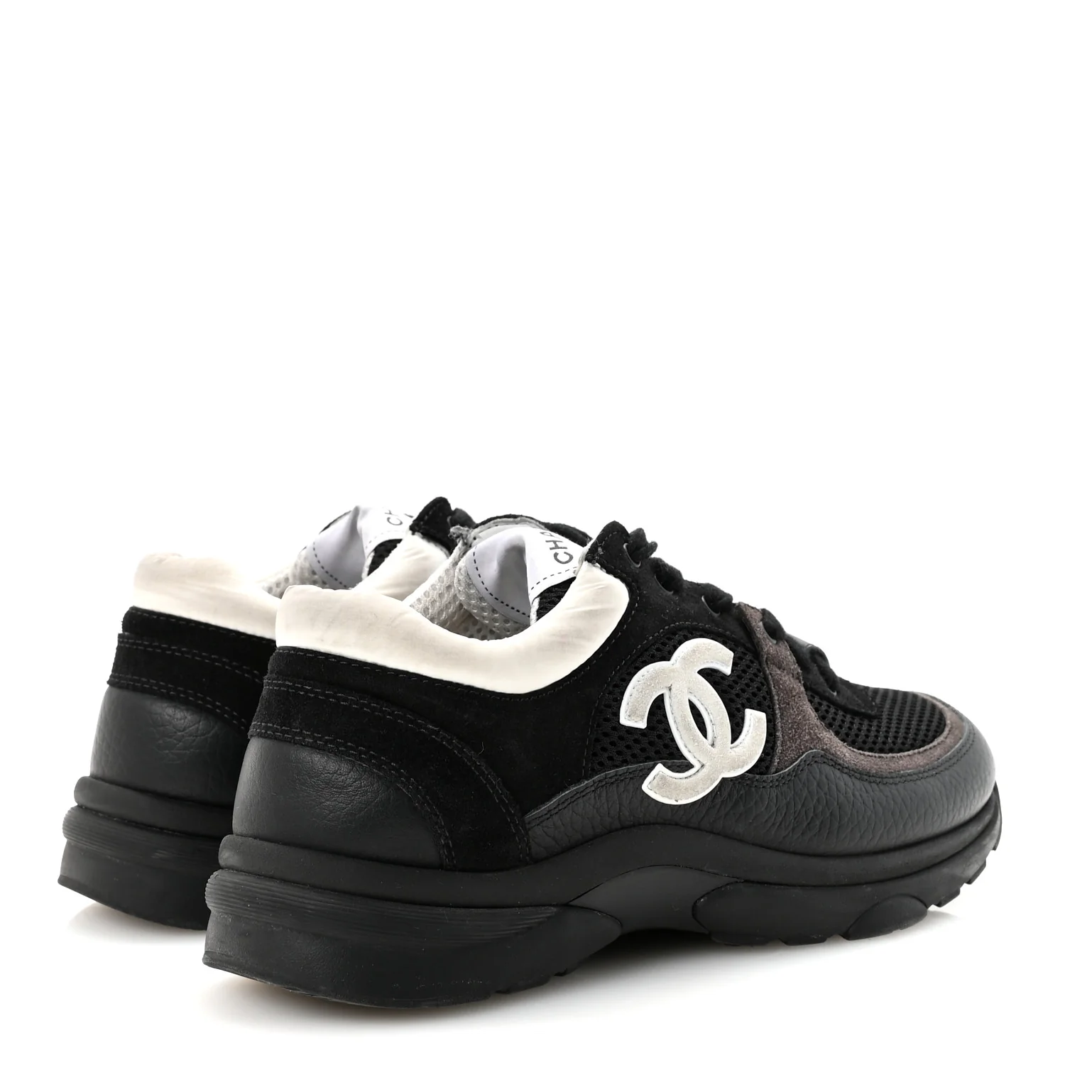 Mesh Suede Grained Calfskin Womens CC Sneakers 38 Black White - Image 5