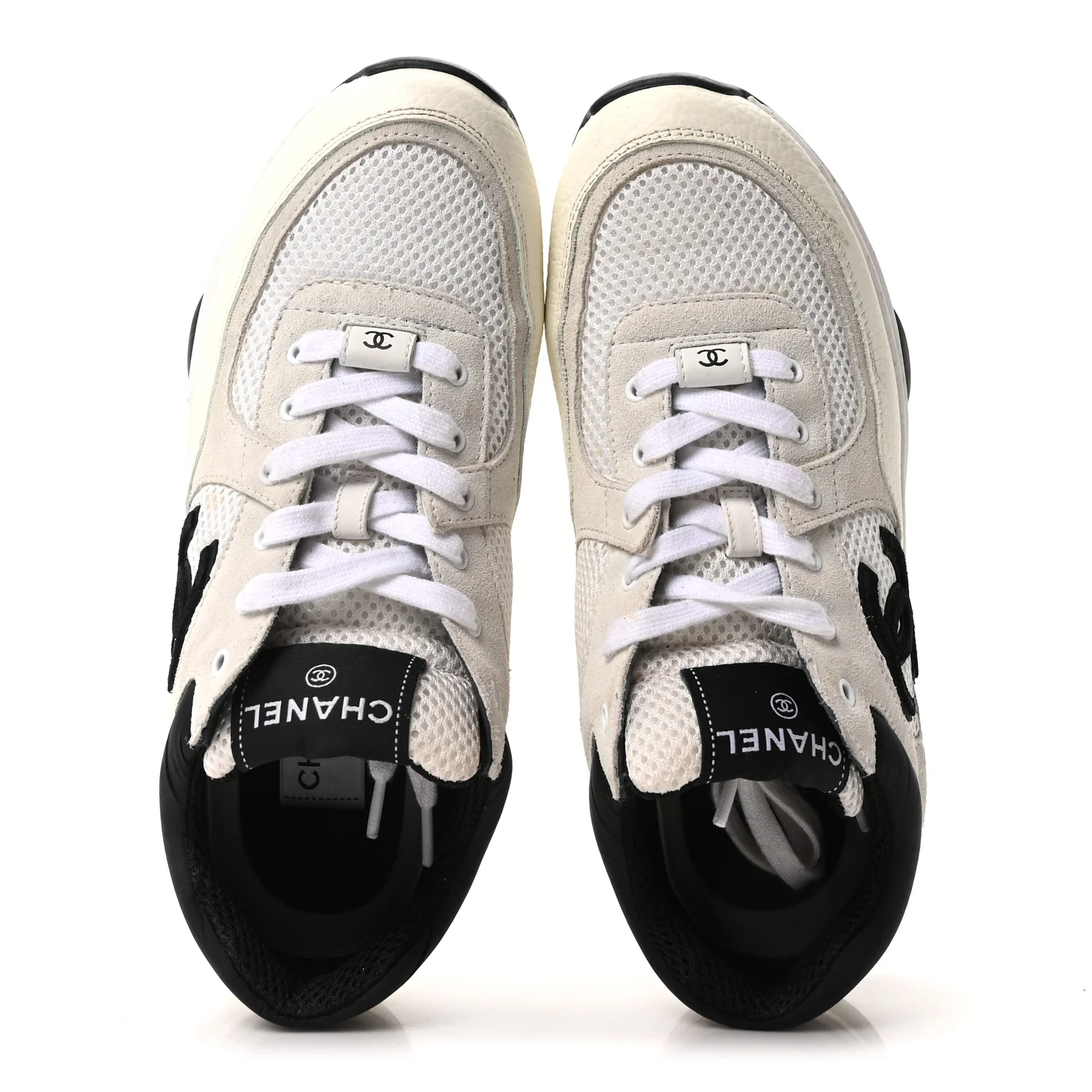 Mesh Suede Grained Calfskin Womens CC Sneakers 39 White Black - Image 2