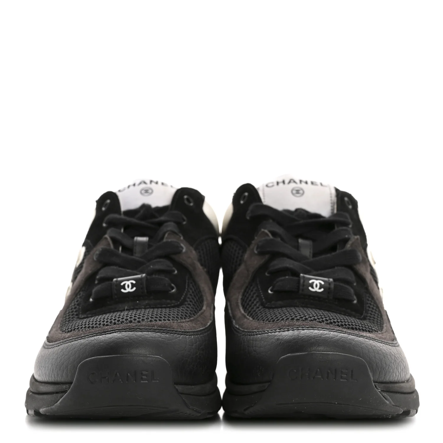 Mesh Suede Grained Calfskin Womens CC Sneakers 39.5 Black White - Image 3