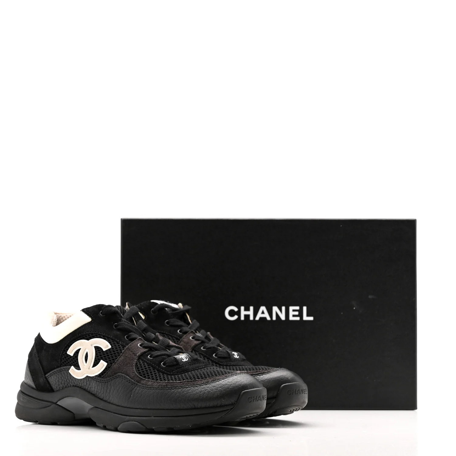 Mesh Suede Grained Calfskin Womens CC Sneakers 40.5 Black White - Image 12