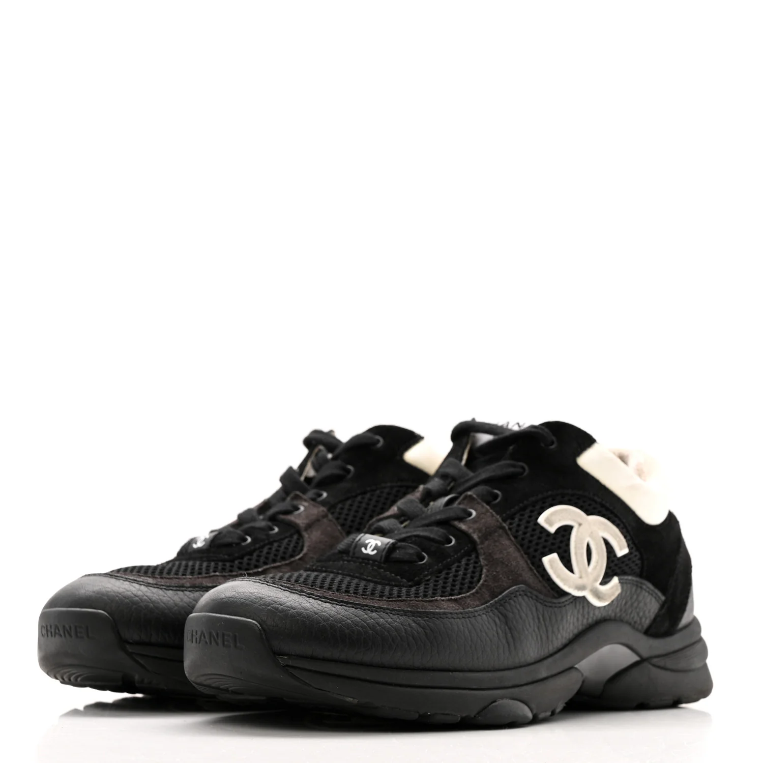 Mesh Suede Grained Calfskin Womens CC Sneakers 40.5 Black White - Image 4