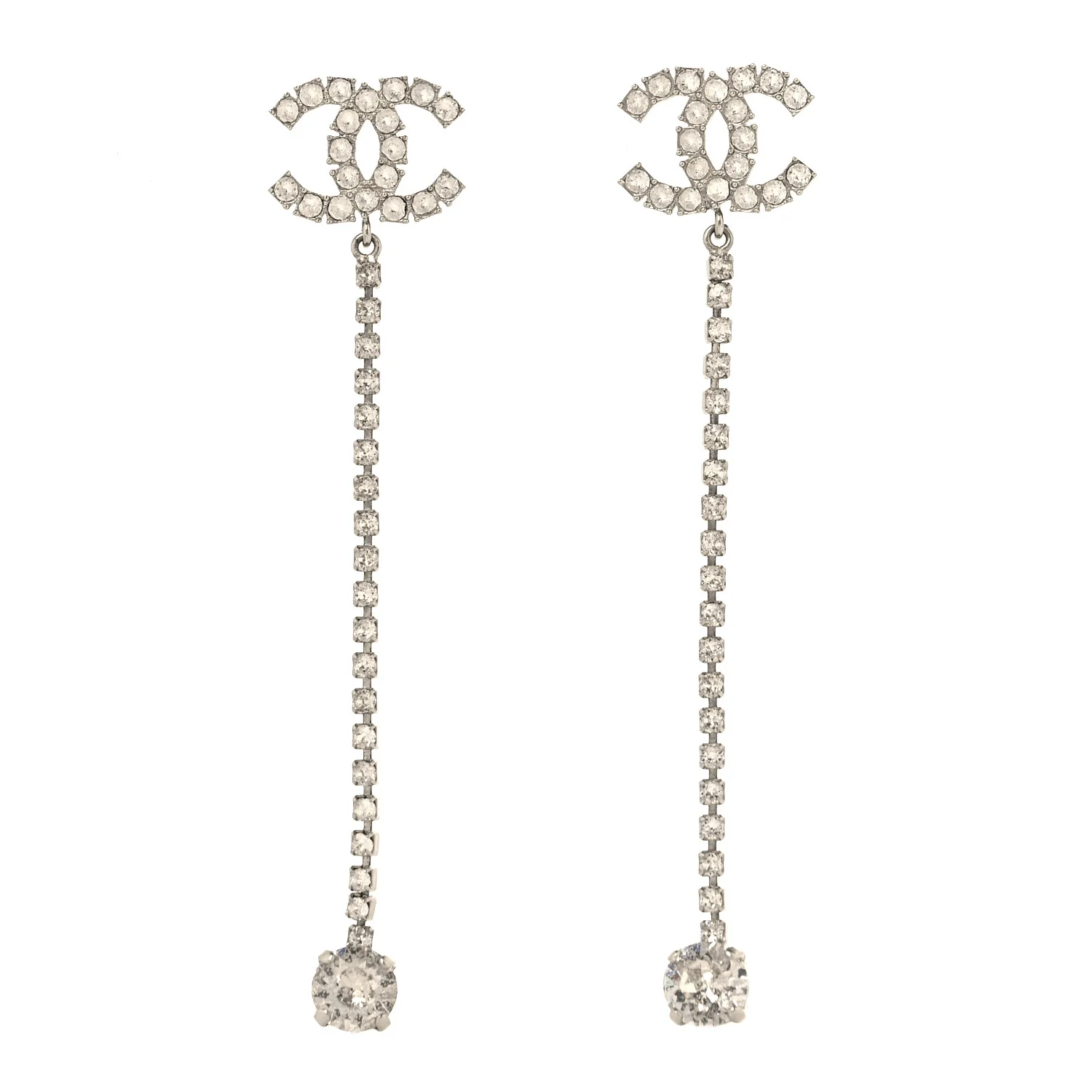 Metal Baguette Round Crystal CC Drop Long Earrings Silver