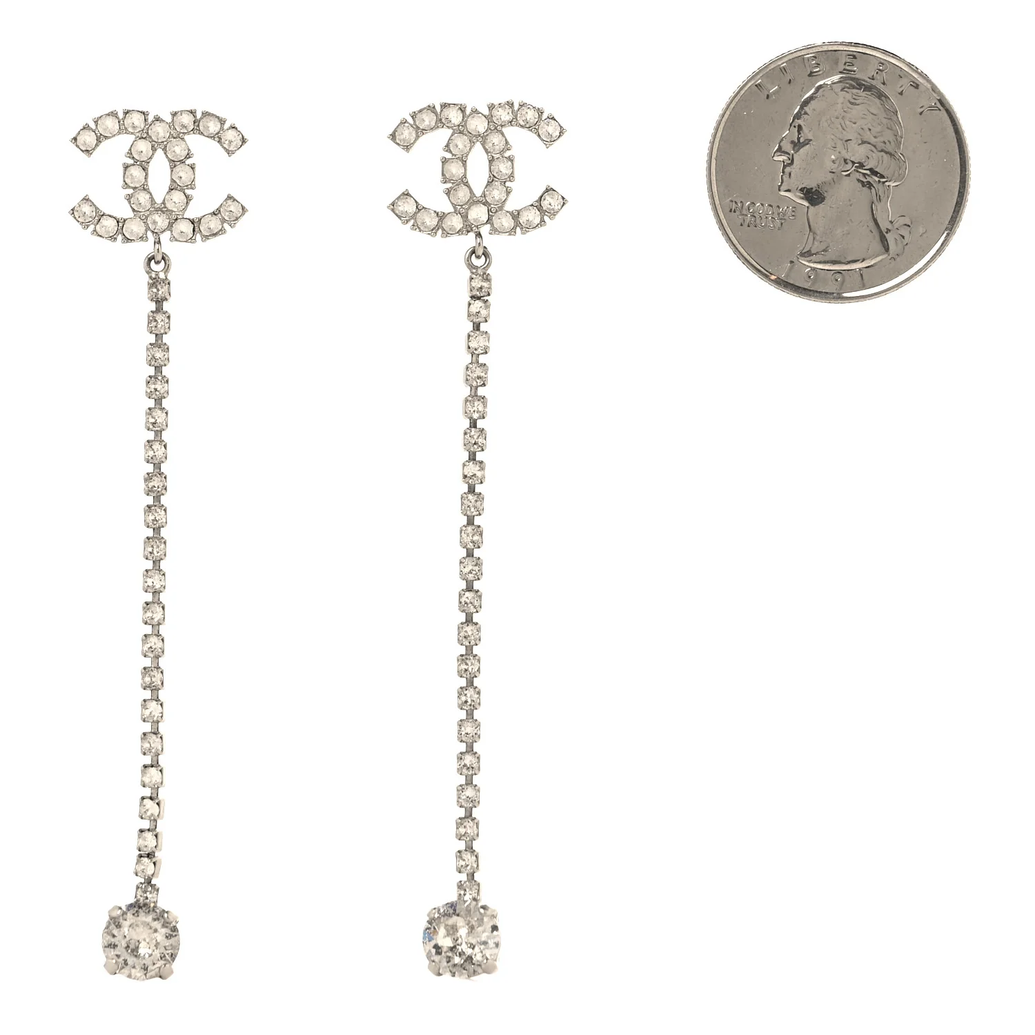 Metal Baguette Round Crystal CC Drop Long Earrings Silver - Image 3