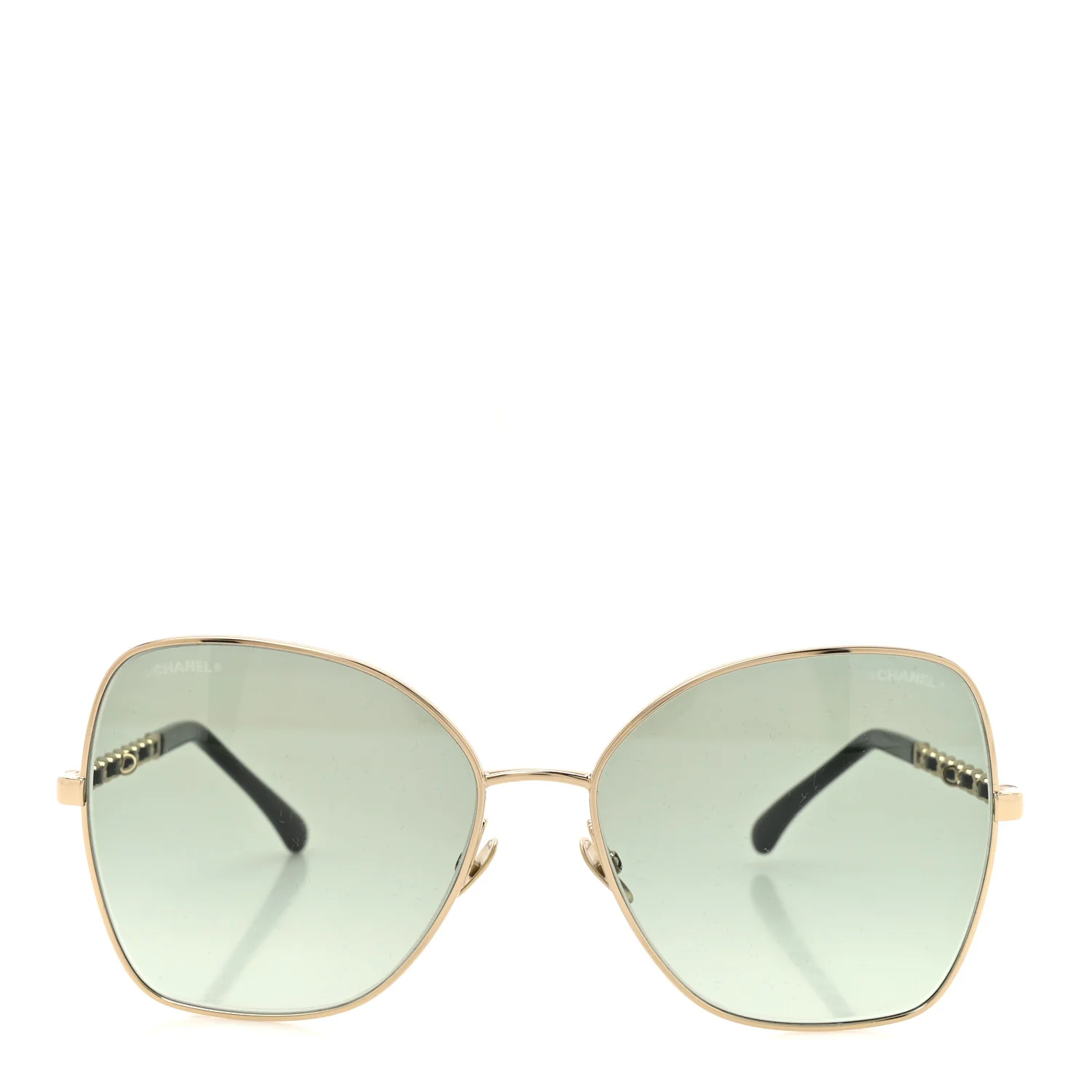 Metal Calfskin Butterfly Pearl Chain Sunglasses 4274Q Gold Green - Image 2