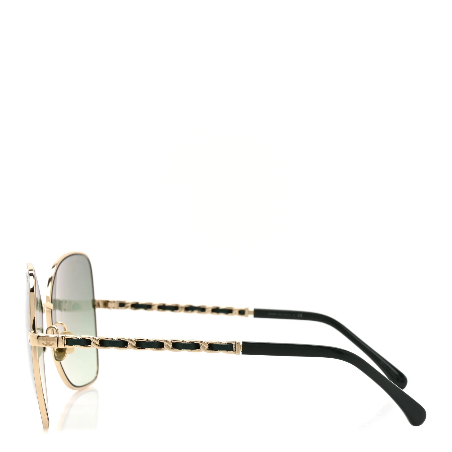 Metal Calfskin Butterfly Pearl Chain Sunglasses 4274Q Gold Green - Image 3