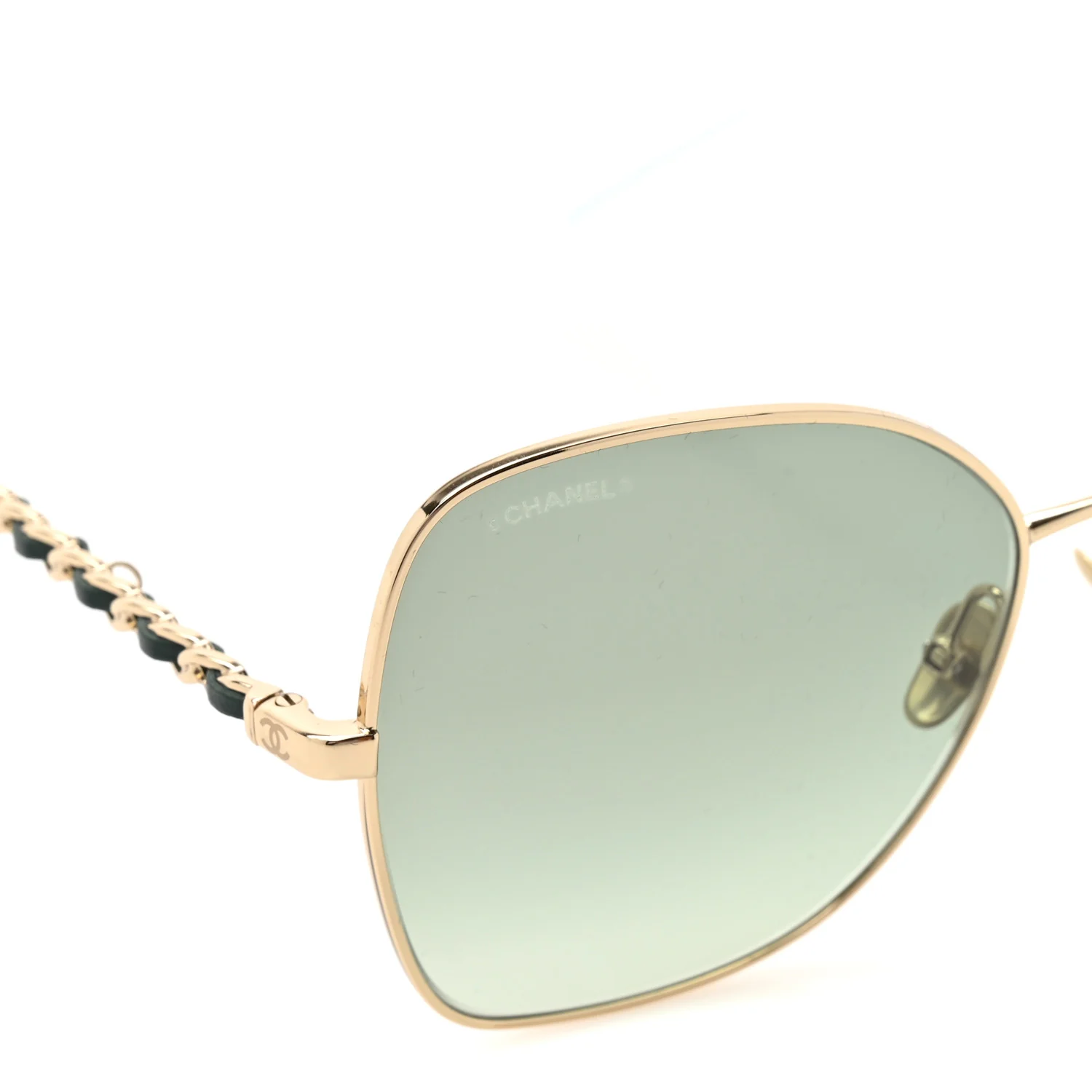 Metal Calfskin Butterfly Pearl Chain Sunglasses 4274Q Gold Green - Image 7
