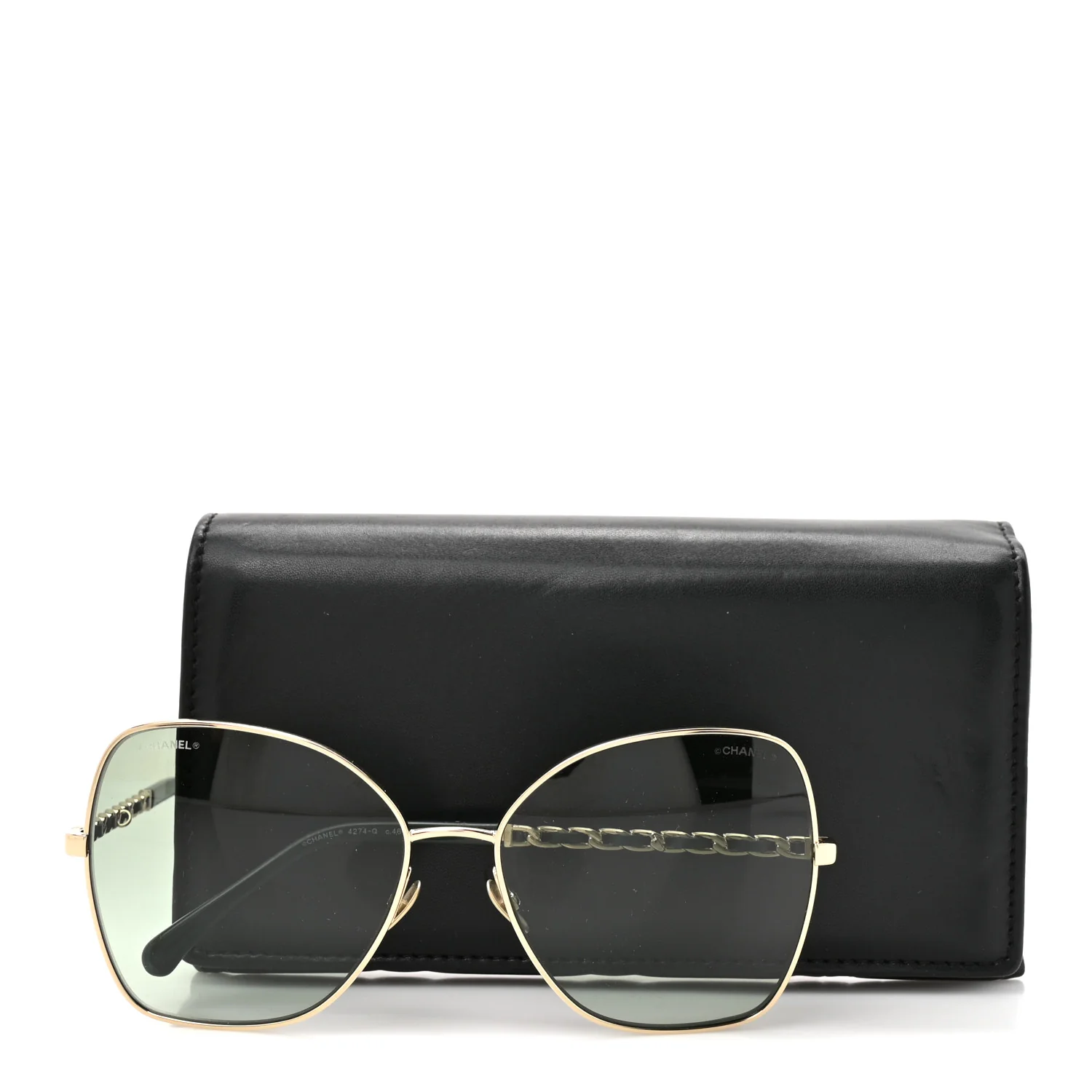 Metal Calfskin Butterfly Pearl Chain Sunglasses 4274Q Gold Green - Image 8