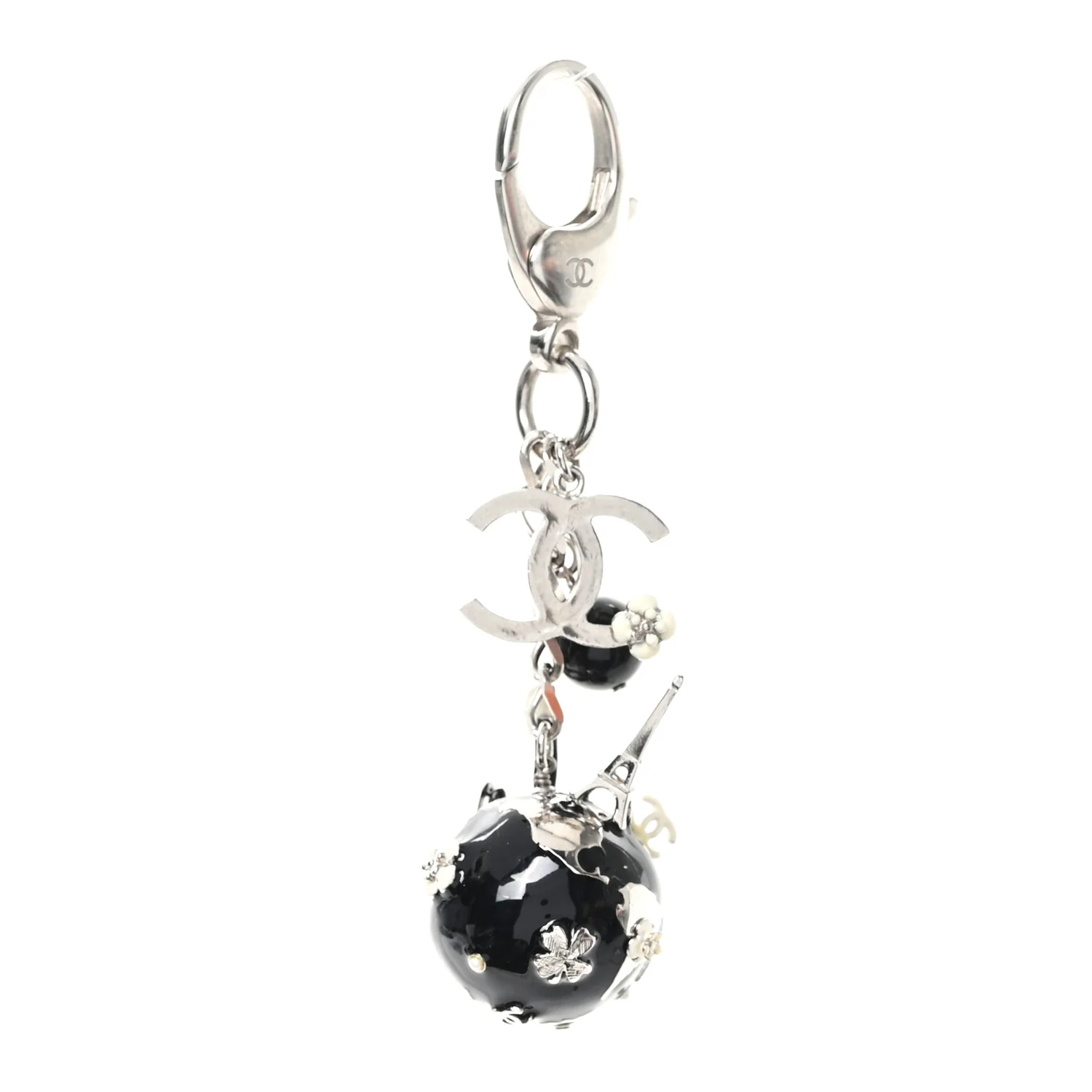 Metal Camellia CC Globe Key Chain Black Silver