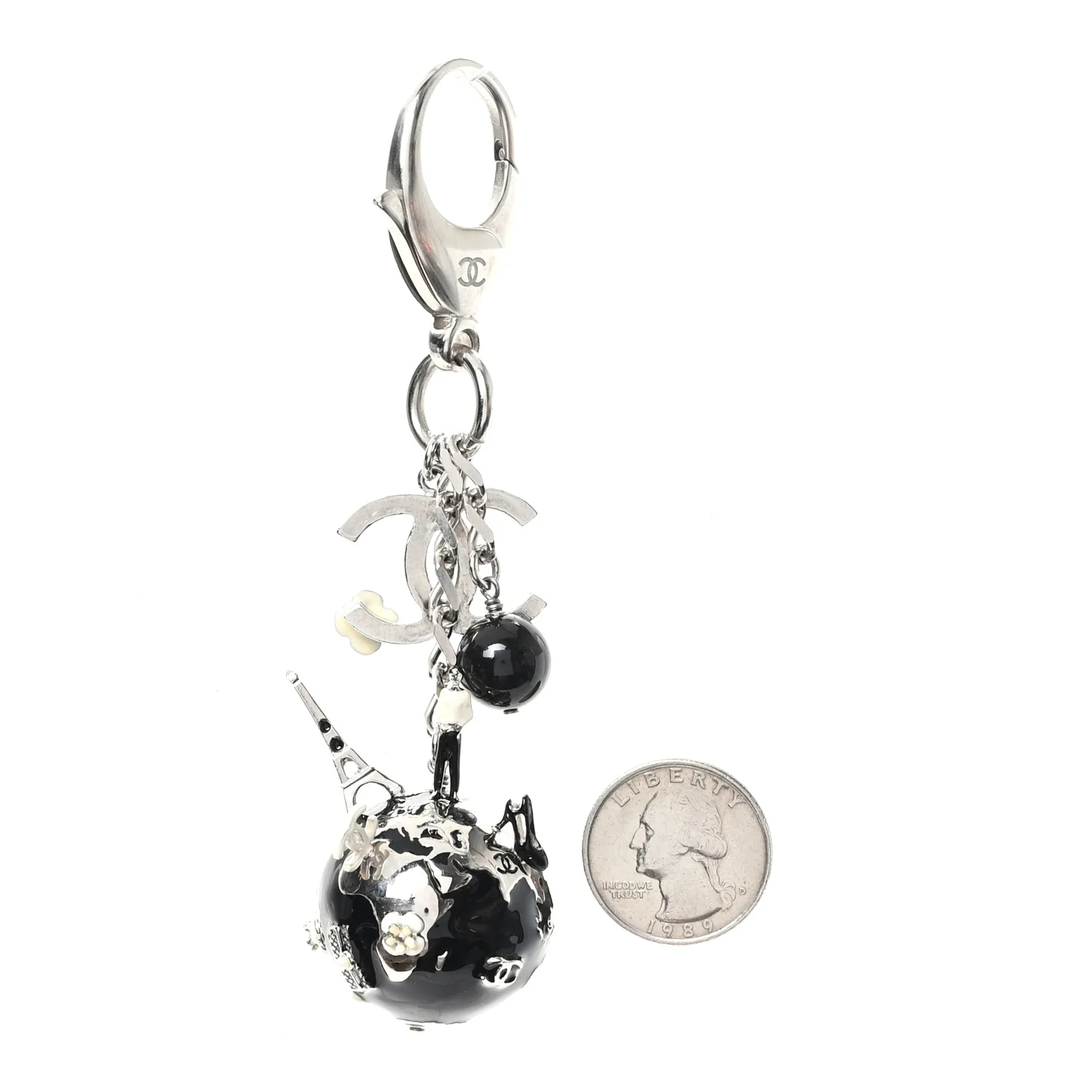 Metal Camellia CC Globe Key Chain Black Silver - Image 2