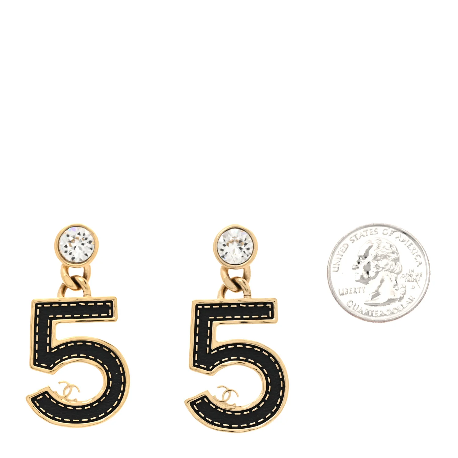 Metal CC No 5 Crystal Drop Earrings Gold Black - Image 2