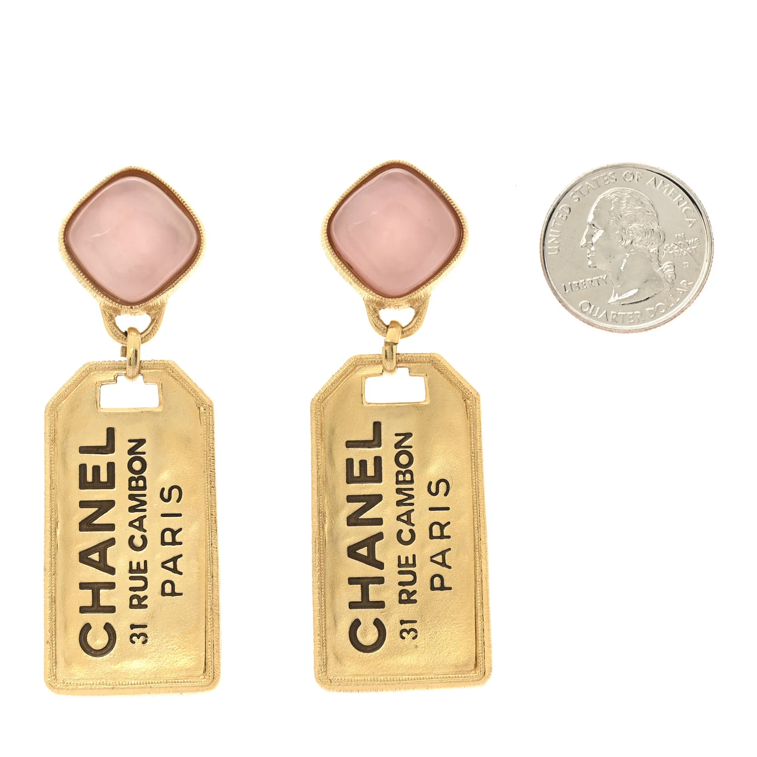 Metal CC Tags Drop Earrings Gold Pink - Image 2