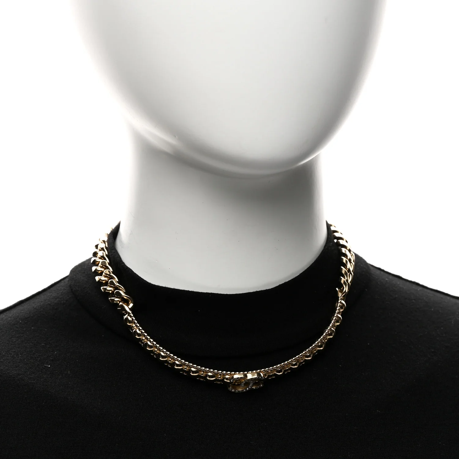 Metal Crystal Bead Chain Link CC Choker Necklace Gold - Image 2