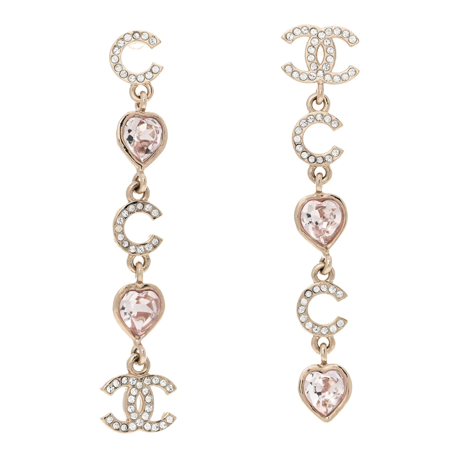 Metal Crystal CC Coco Heart Drop Earrings Gold Pink